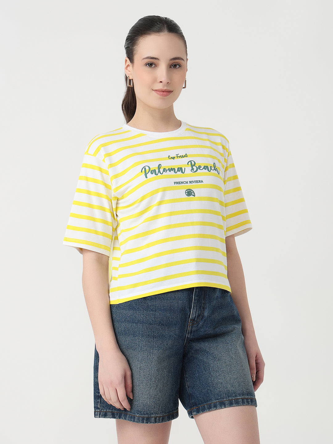 Women Yellow/White Slim Fit Graphic Crop T-Shirt