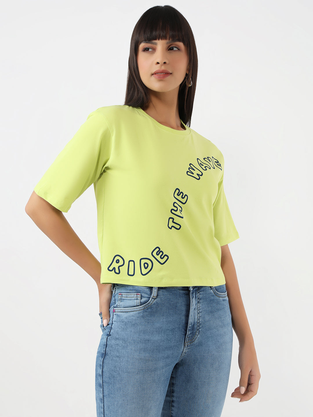 Women Lime Slim Crop Graphic T-Shirt