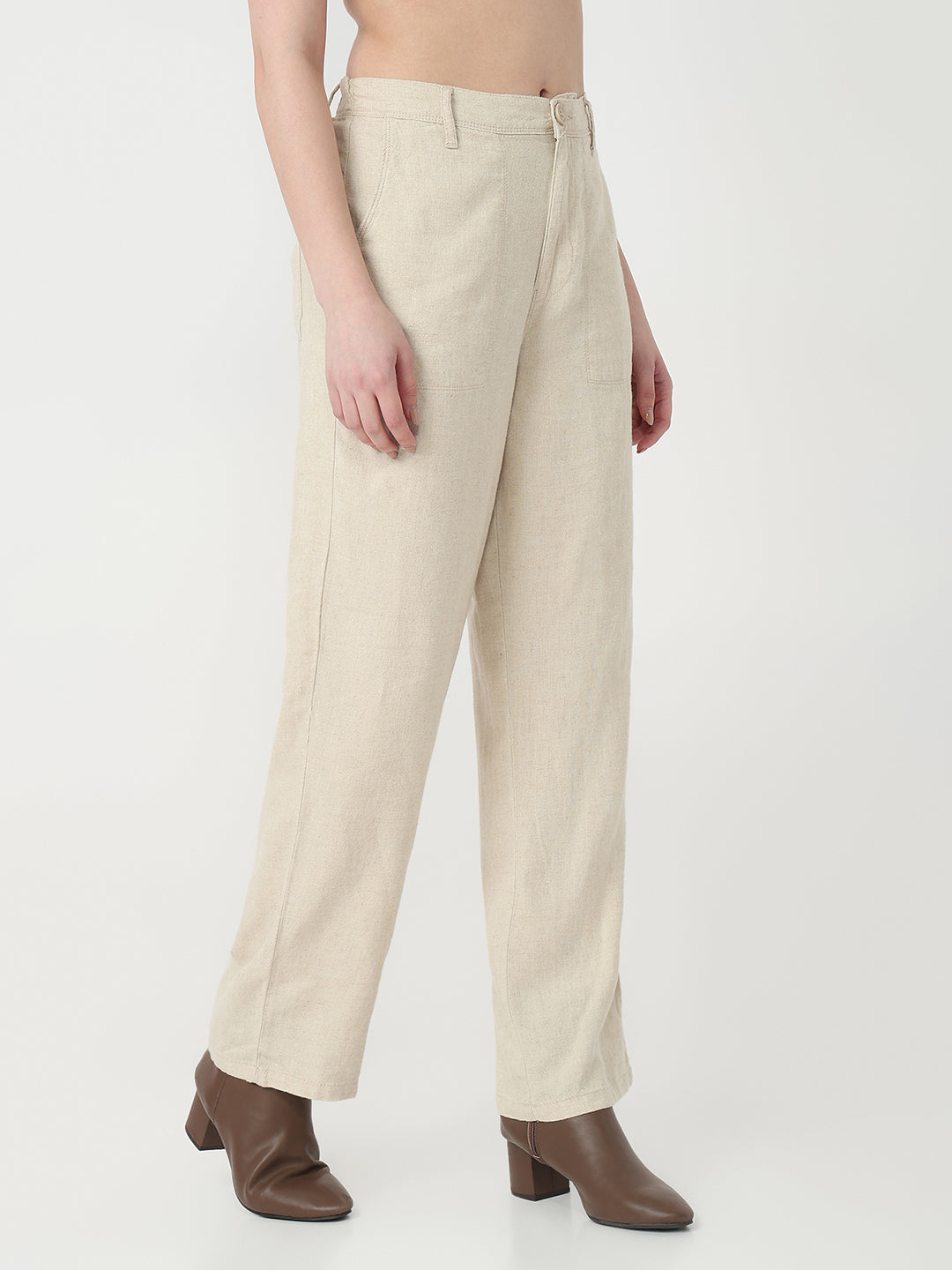 Women Natural High-Rise Loose Straight Paper Bag