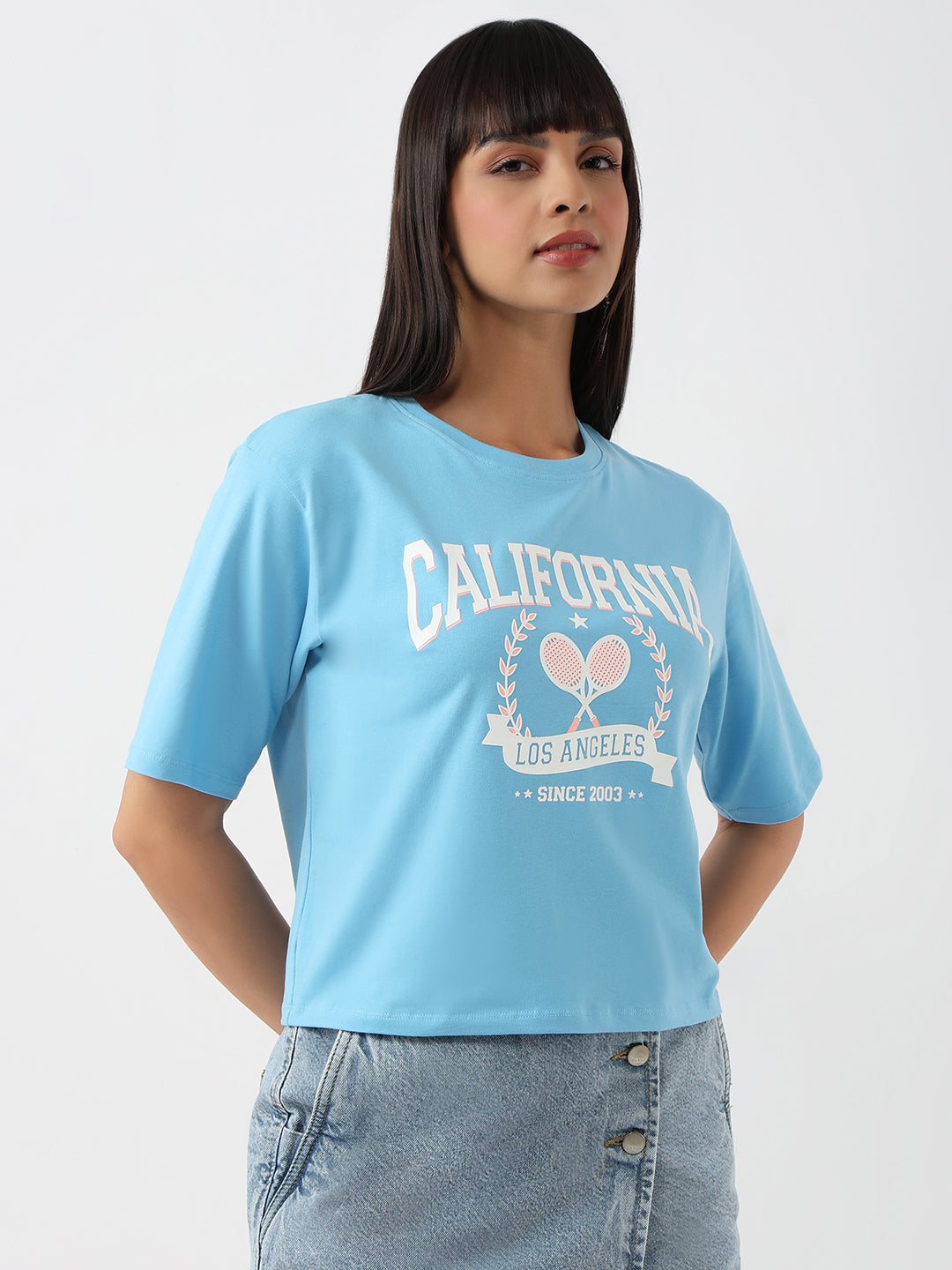 Women Sky Slim Crop Graphic T-Shirt