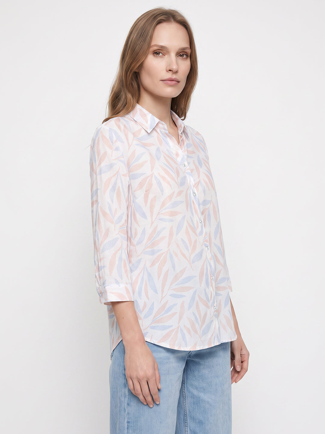 Women Rust Blue Leaf Shirt