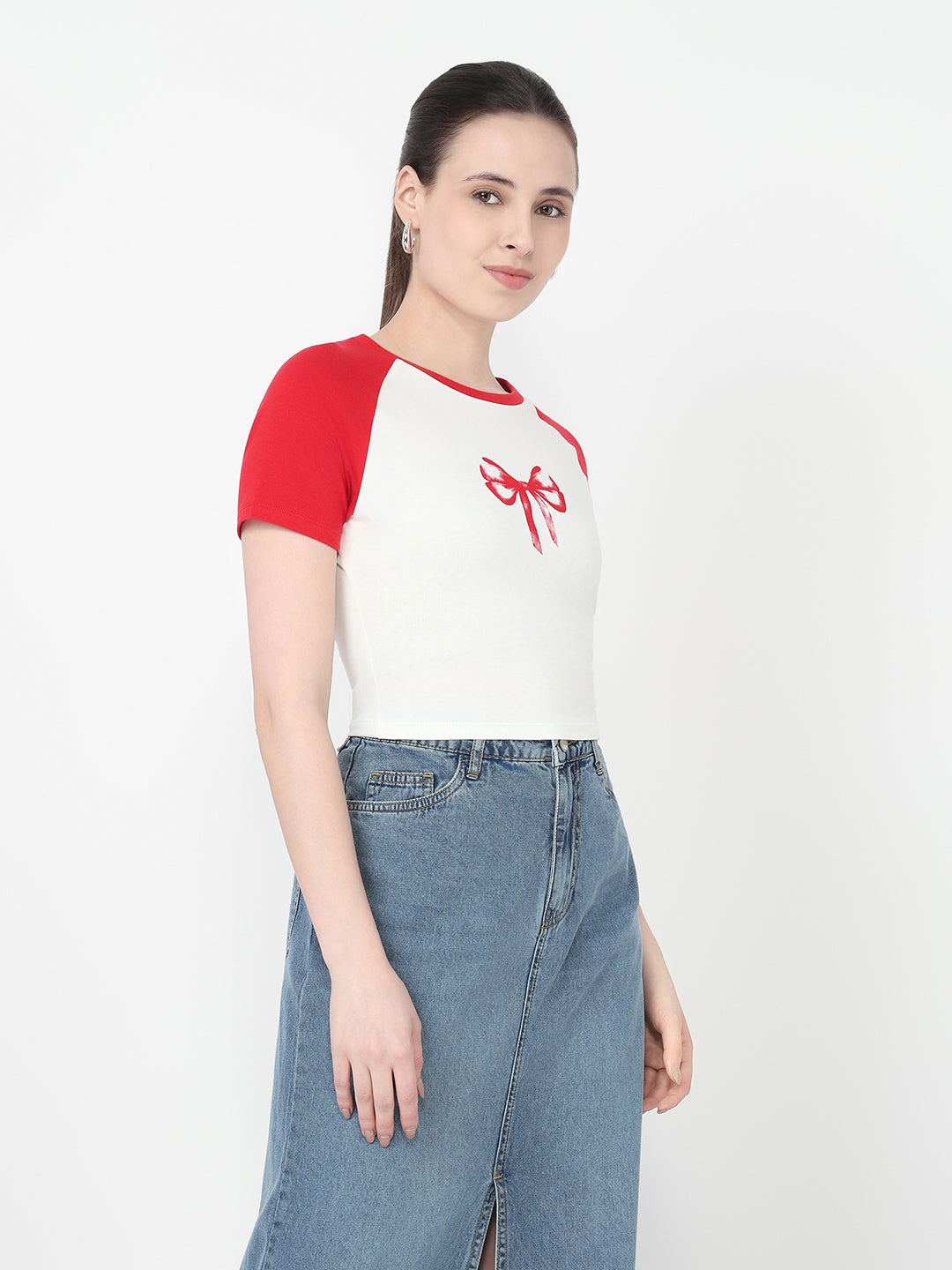 Women Off White/Red Slim Fit Genz T-Shirt