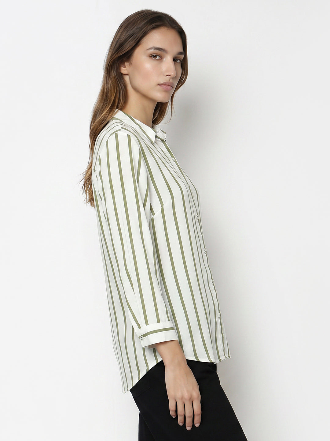 Women White/Olive Striped Shirt