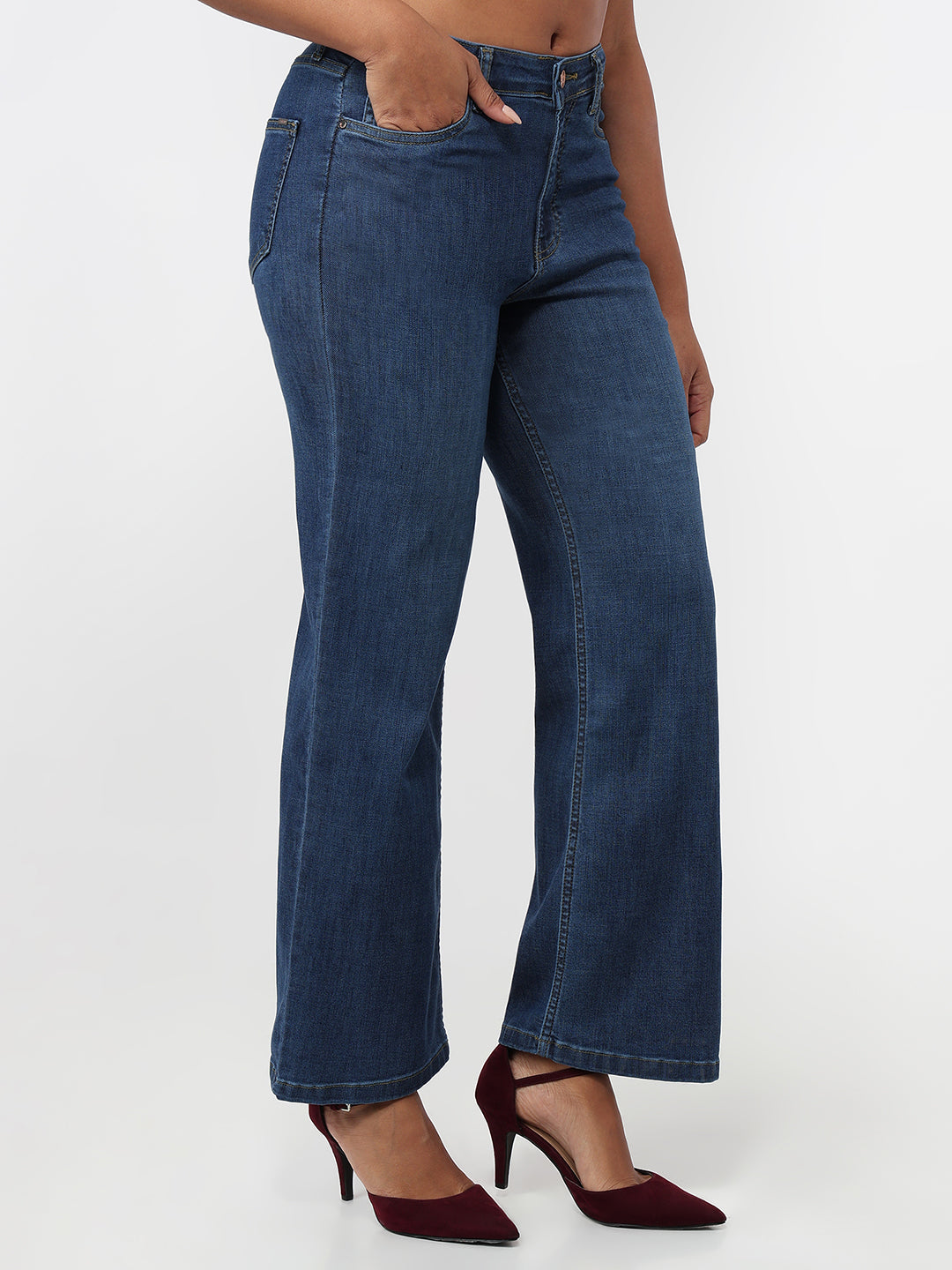 Women Dark Blue High-Rise Wide Leg Jeans