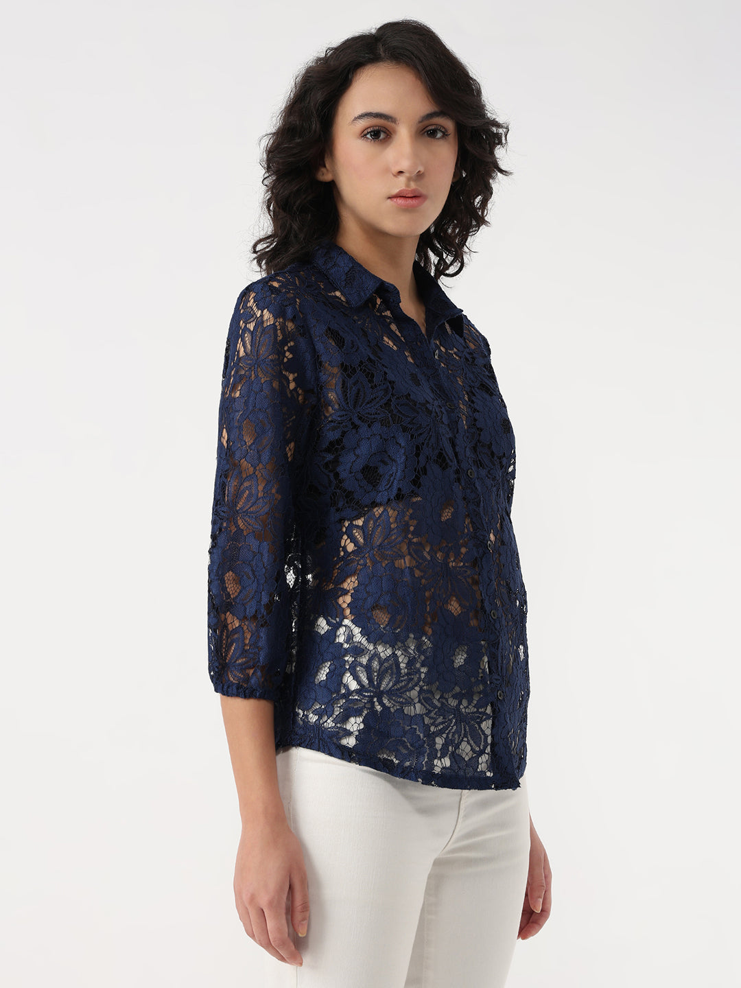 Women Navy Slim Lace Shirt