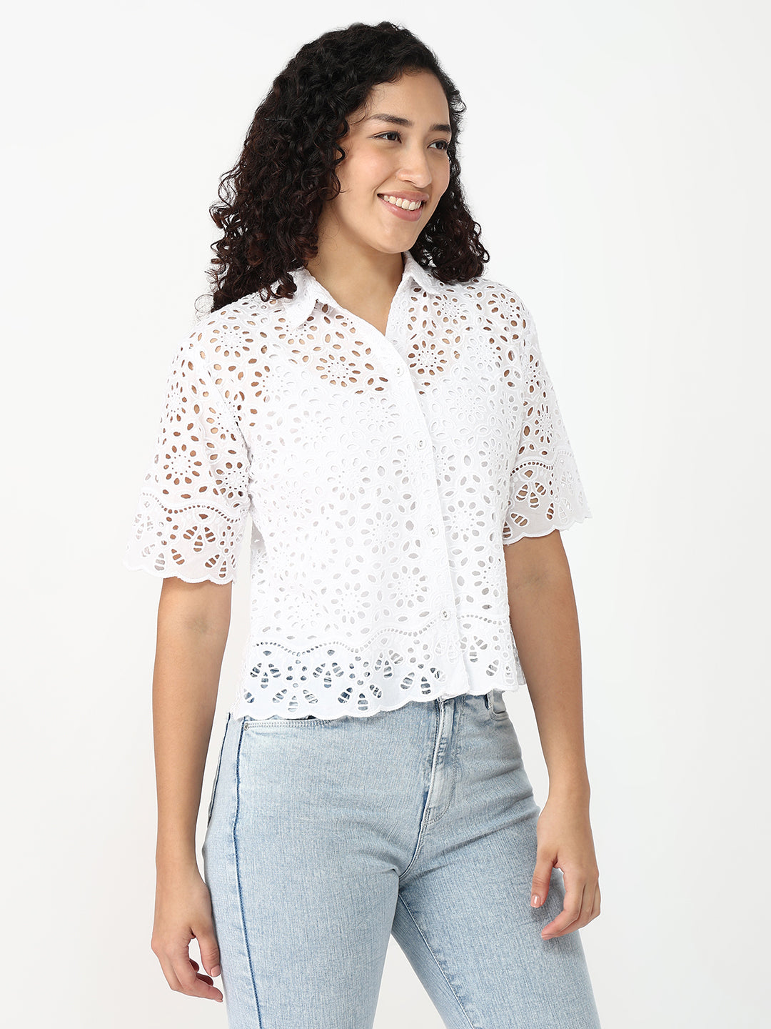 Women White Crop Slim Shirt