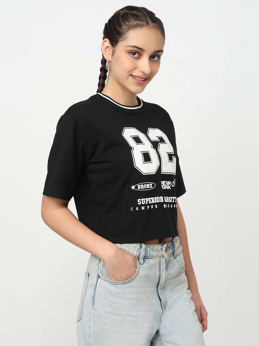 Women Black Crop Graphic Tees
