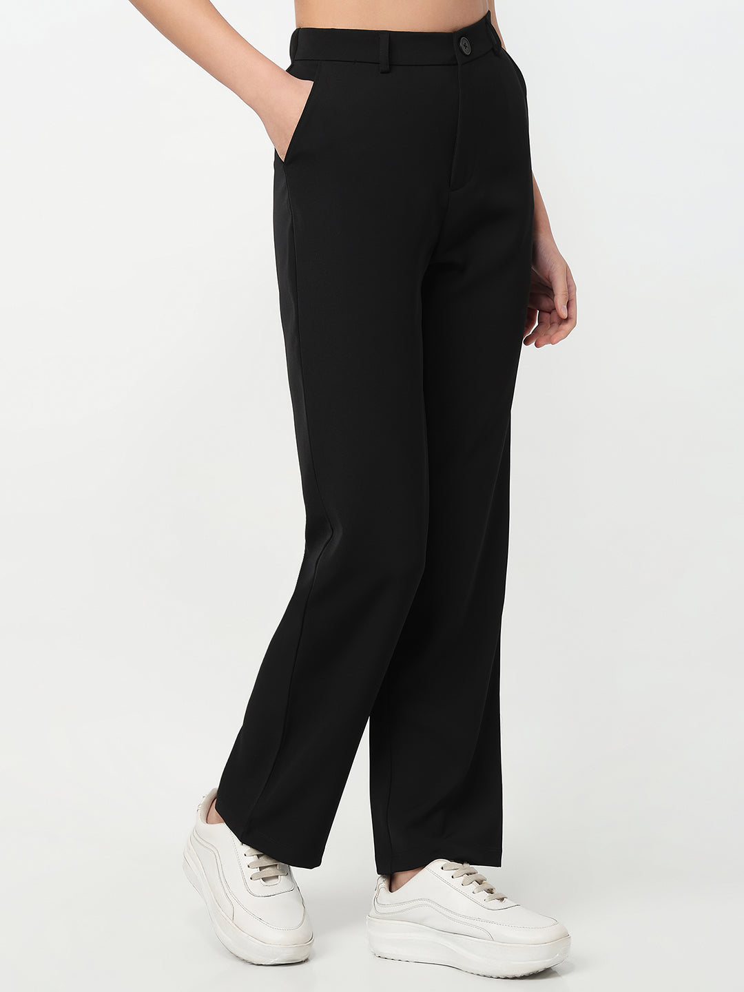 Women Black Mid-Rise Straight Fit Korean Pants