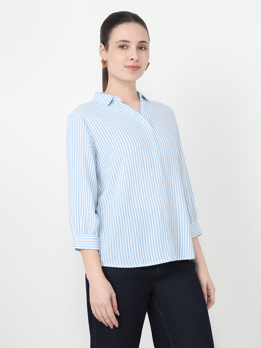 Women Sky/White Slim Fit Stripe Shirt