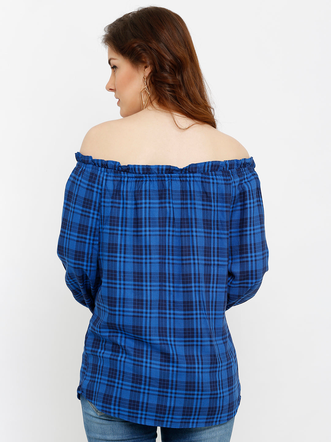 Women Blue/Black Off Shoulder Top