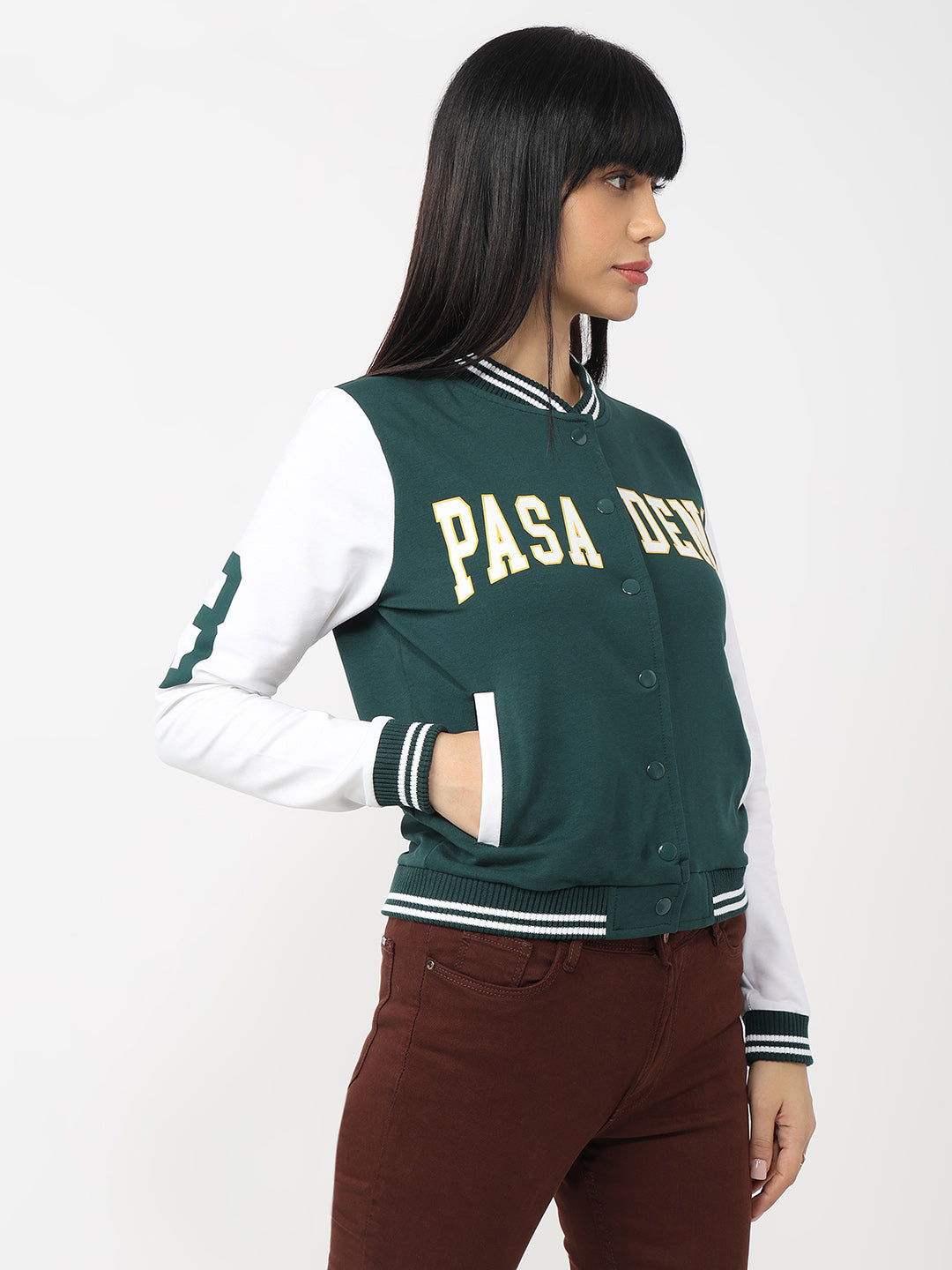 Women Bottle Green/White Varsity Jacket