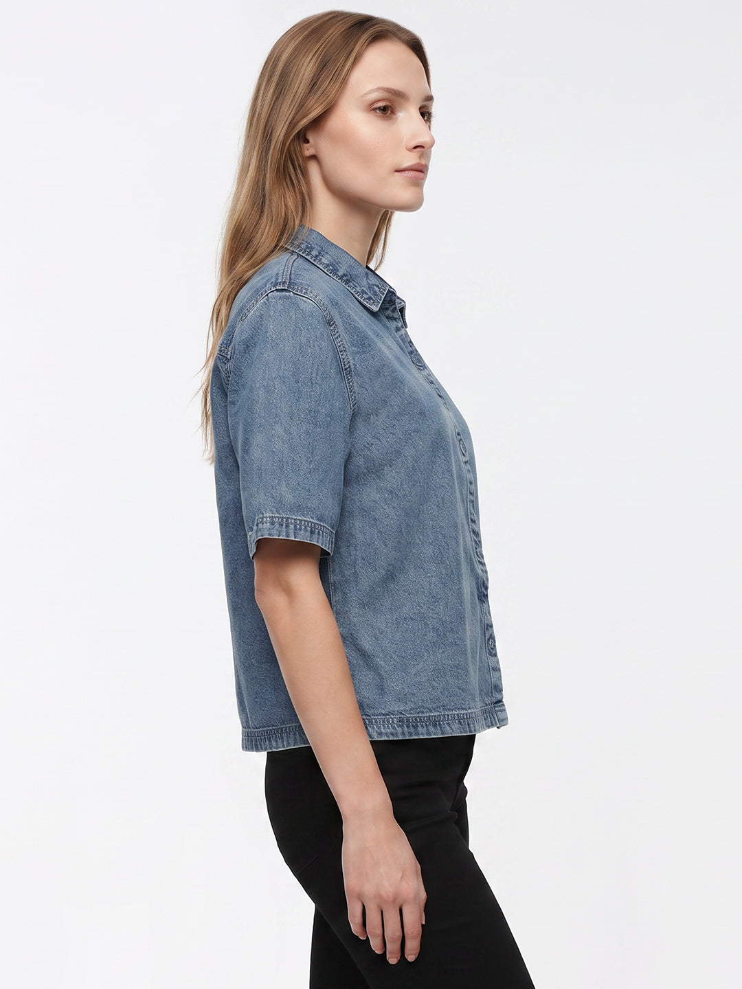Women Light Blue Crop Denim Shirt