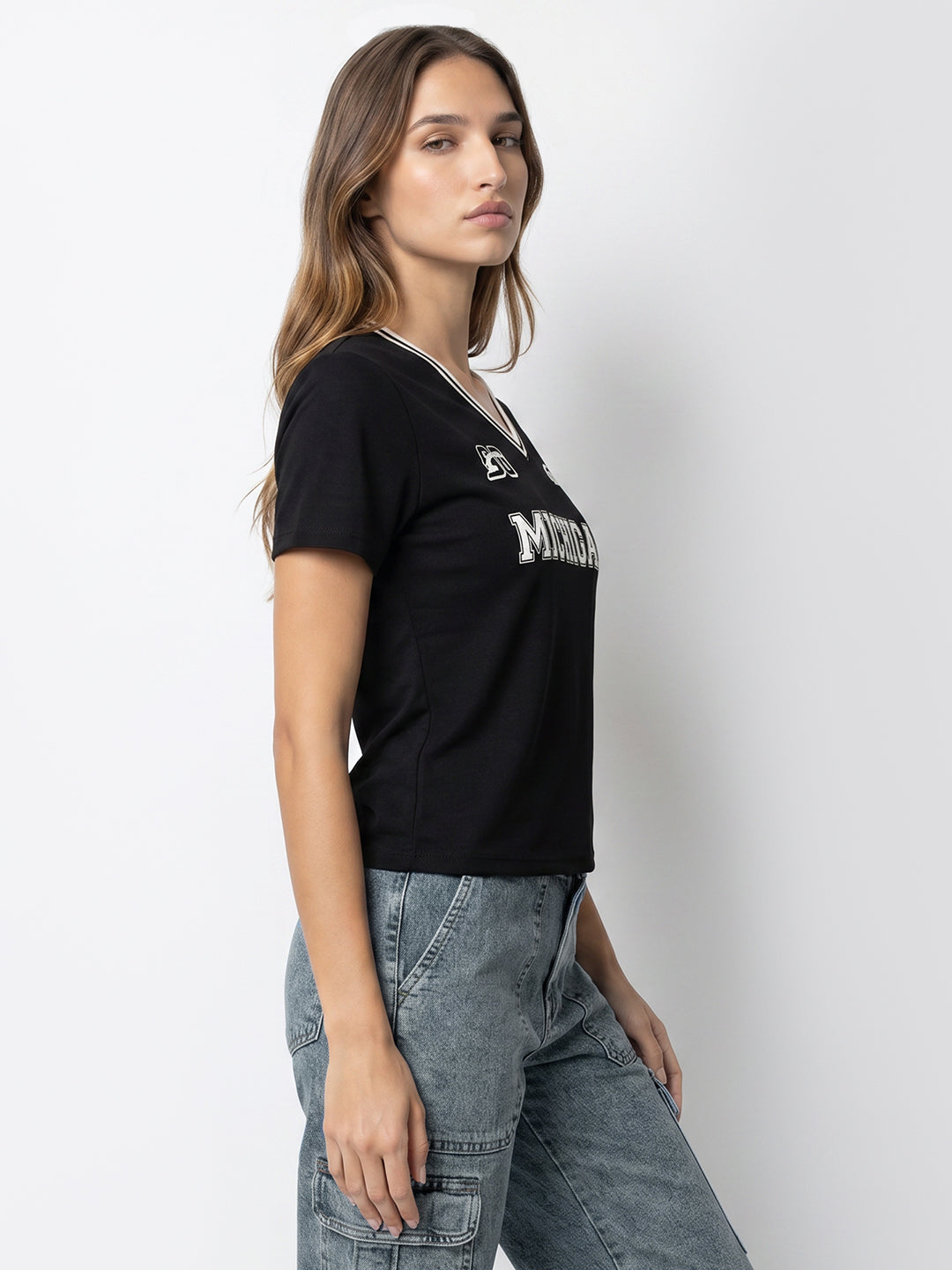 Women Black Graphic Crop Tees