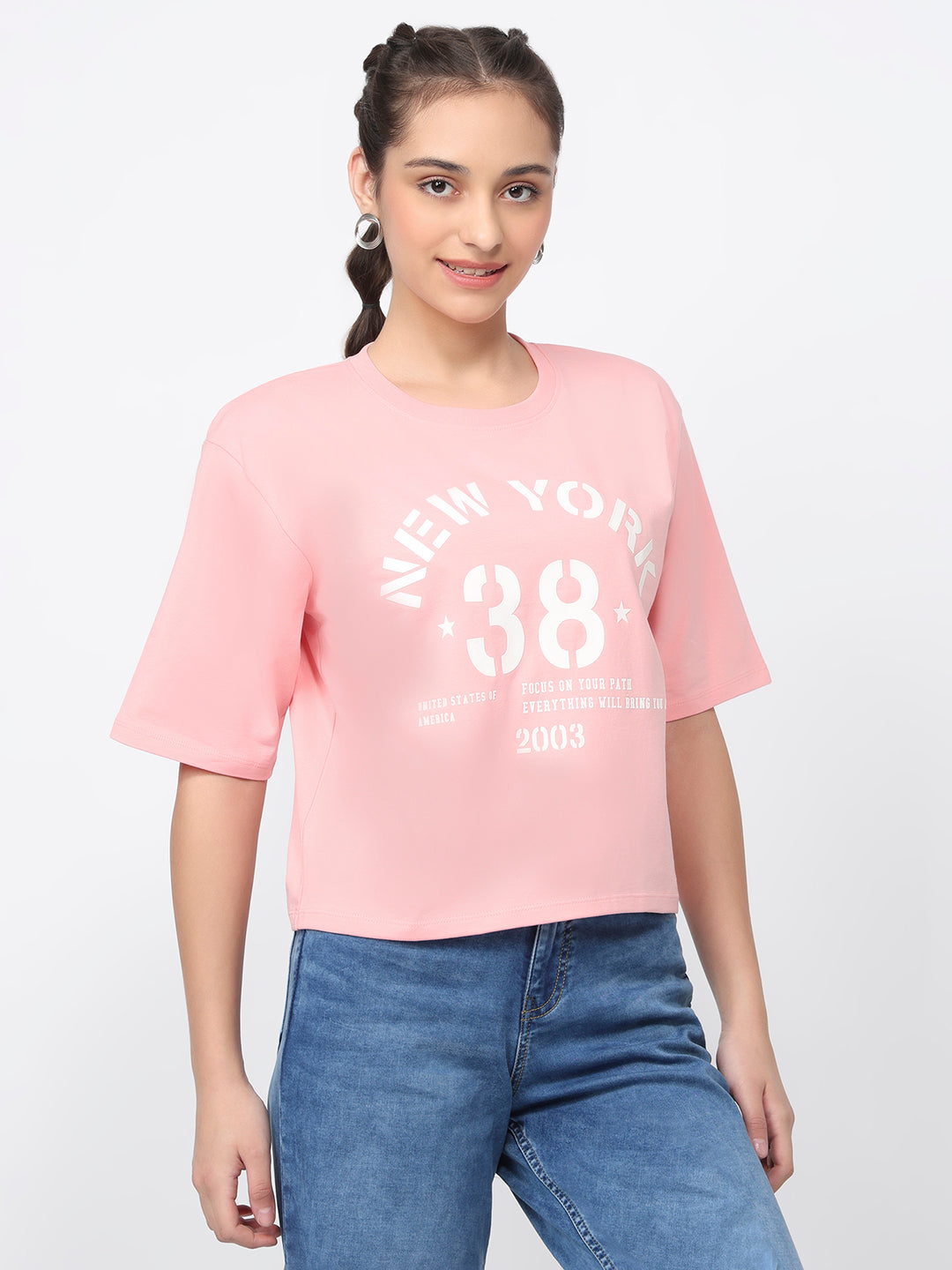 Women Peach Pink Graphic Crop Tees