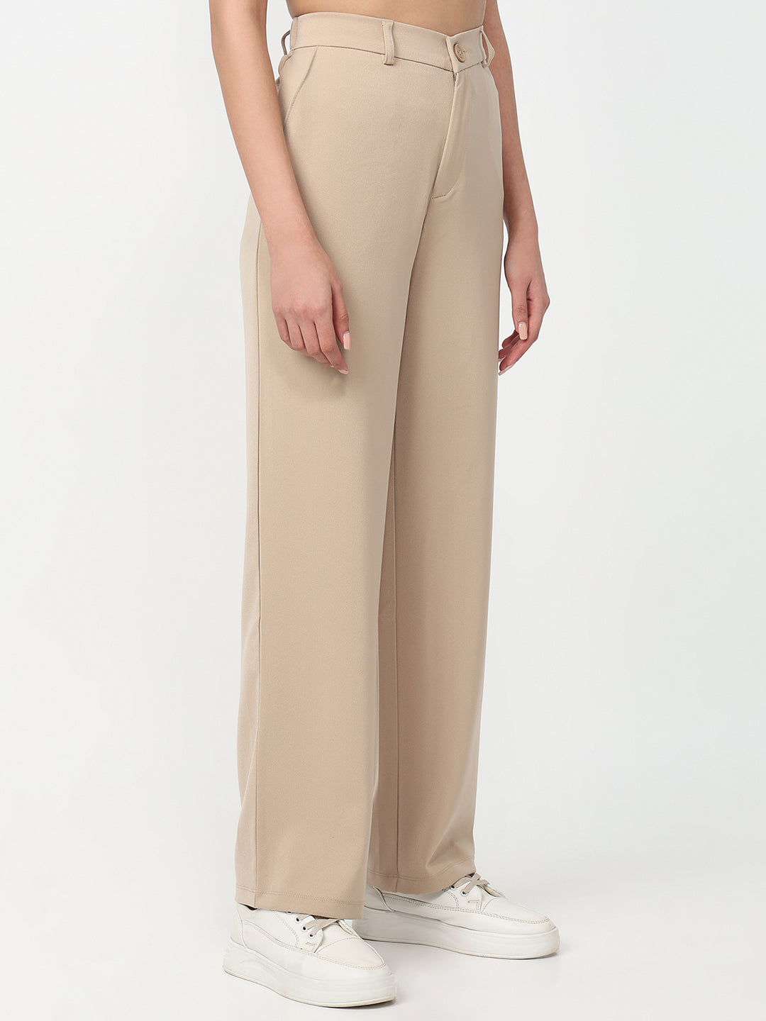 Women Beige High-Rise Straight Fit Pants