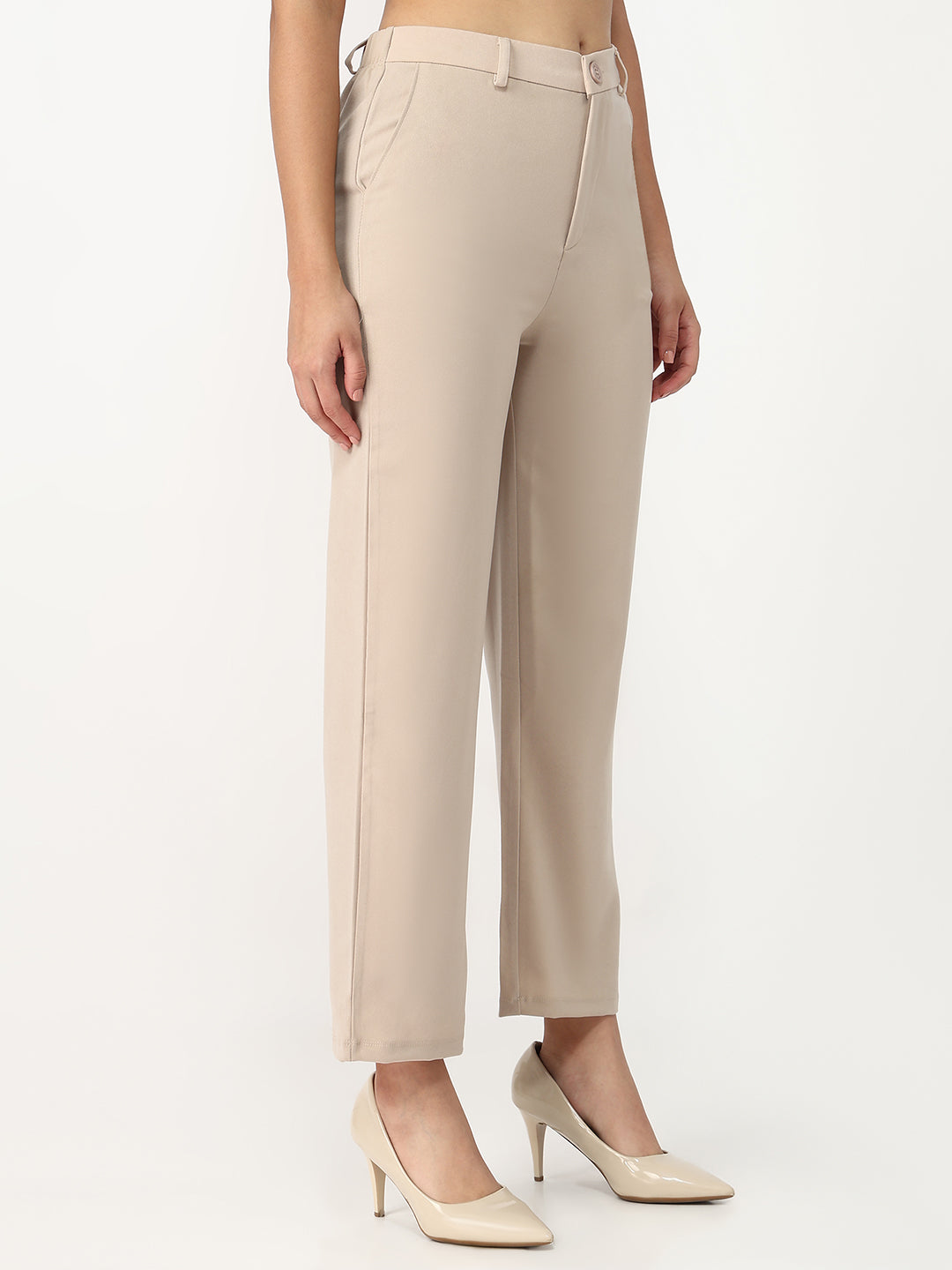 Women Beige High-Rise Loose Straight Fit Korean Pants