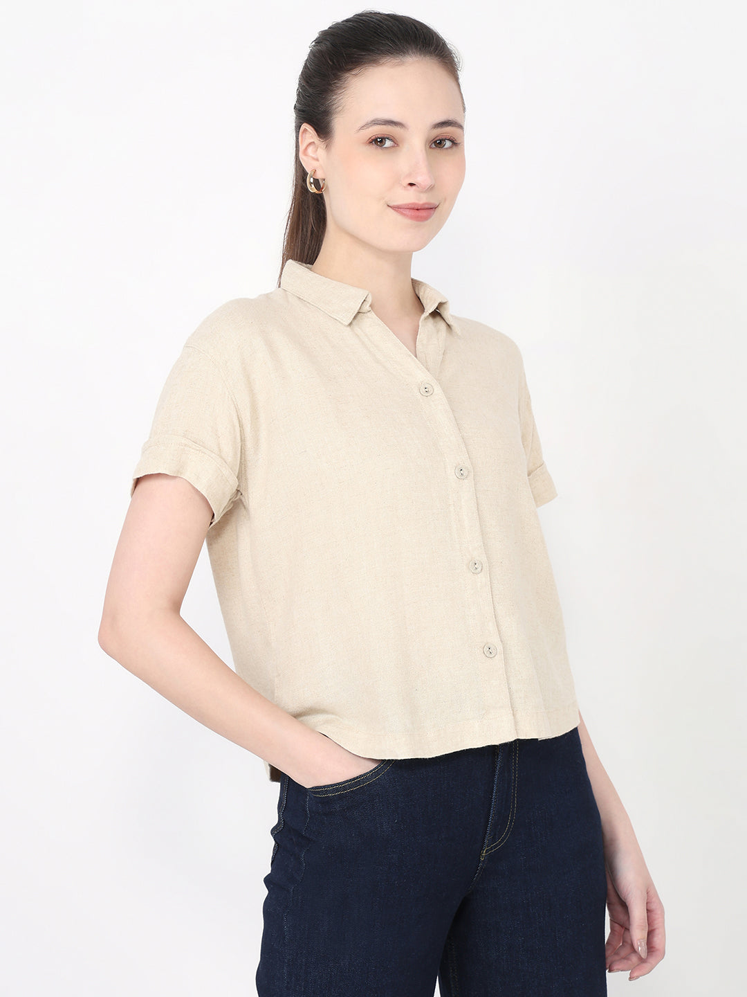 Women Dark Natural Slim Fit Crop Shirt