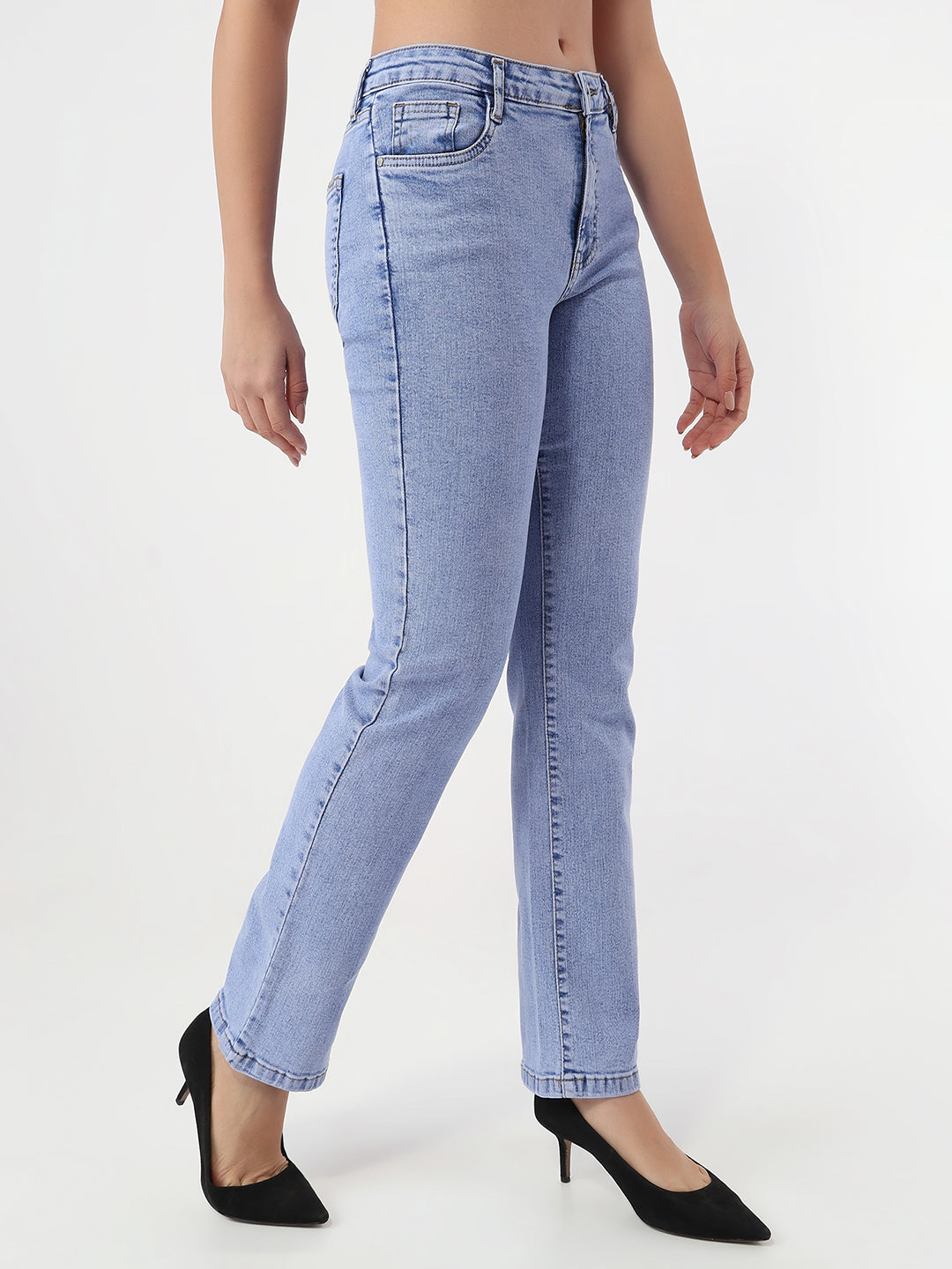 Women Light Blue High-Rise Slim Straight