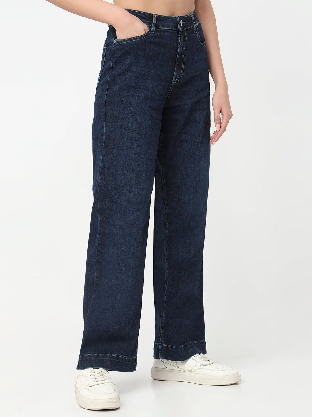 Women Dark Blue High-Rise Wide Leg Jeans