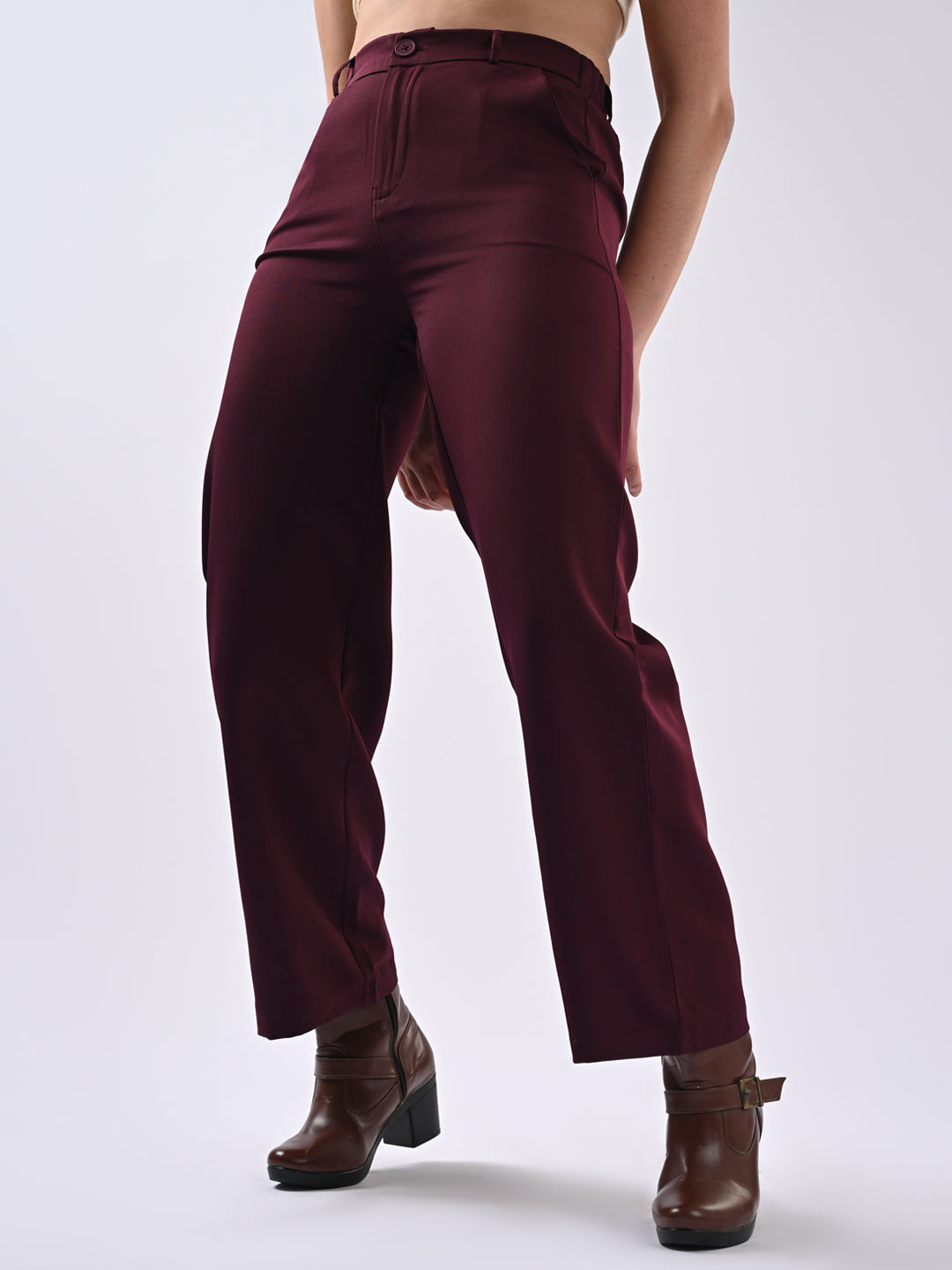 Women Wine Mid-Rise Wide Leg Trousers