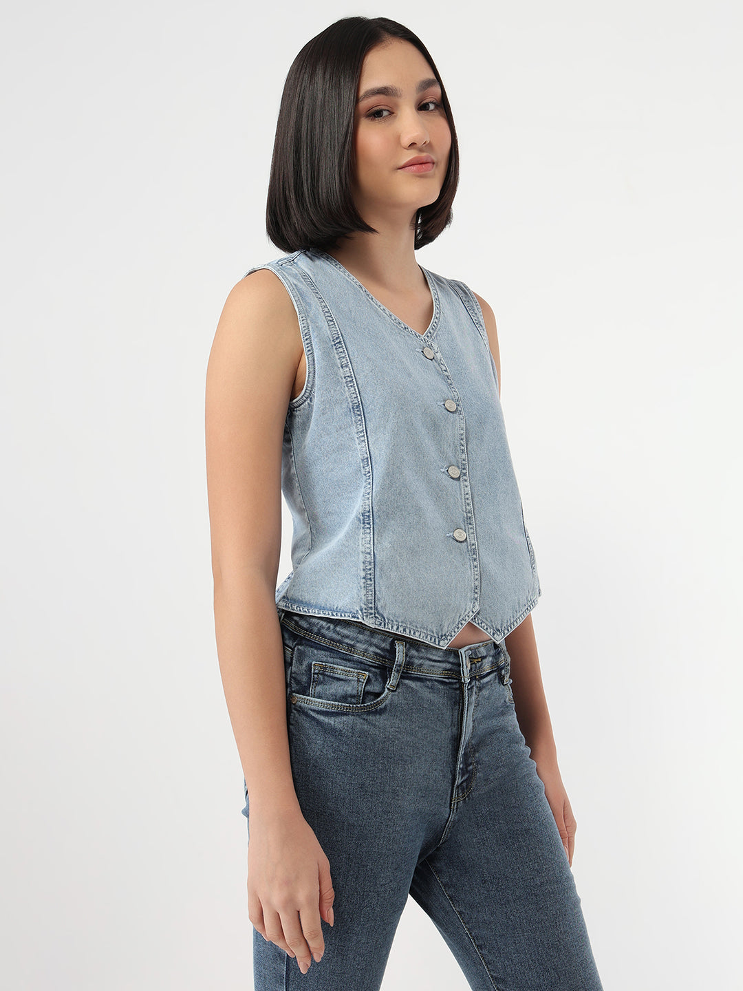 Women Light Blue Slim Fit Denim Vest