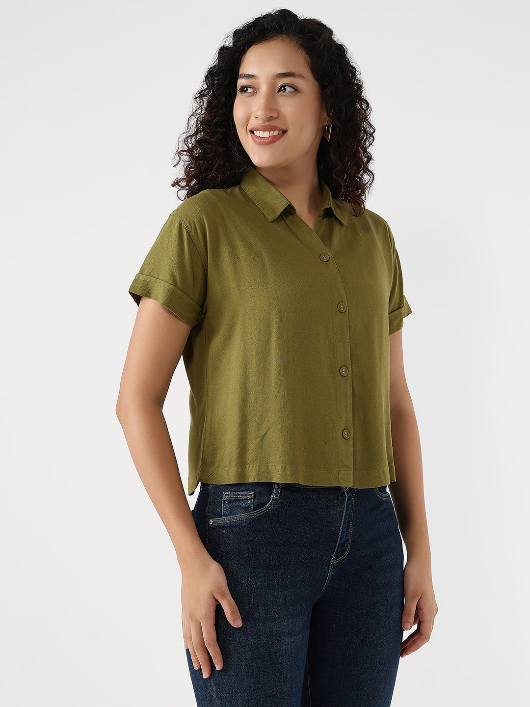 Women Avocado Slim Crop Shirt