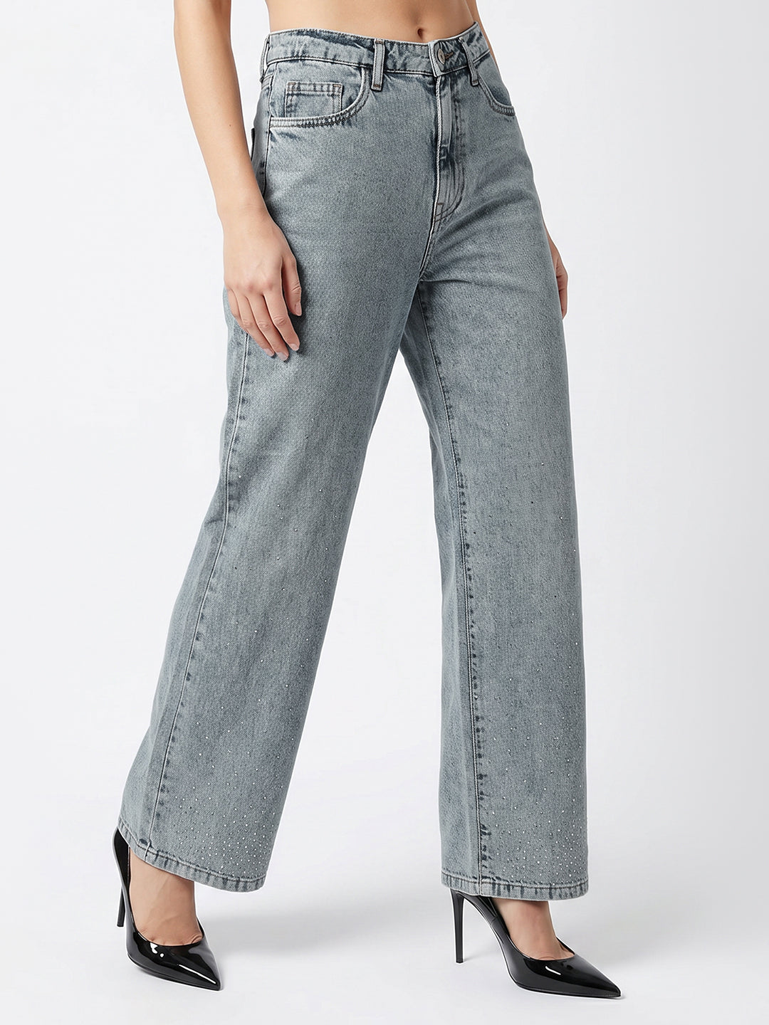 Women Light Blue High-Rise Rhinestone Wide Leg Jeans