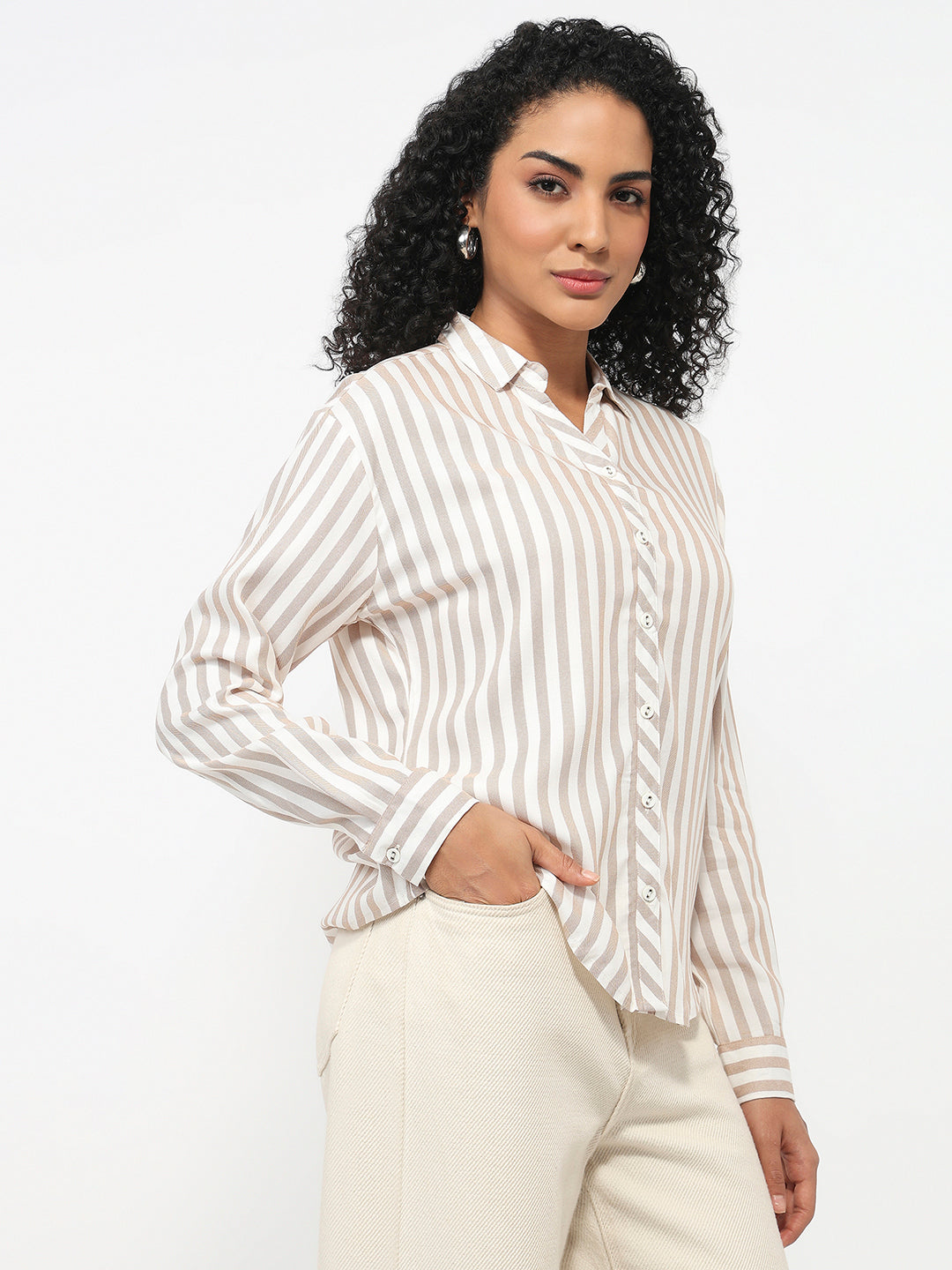 Women Beige/White Striped Shirt