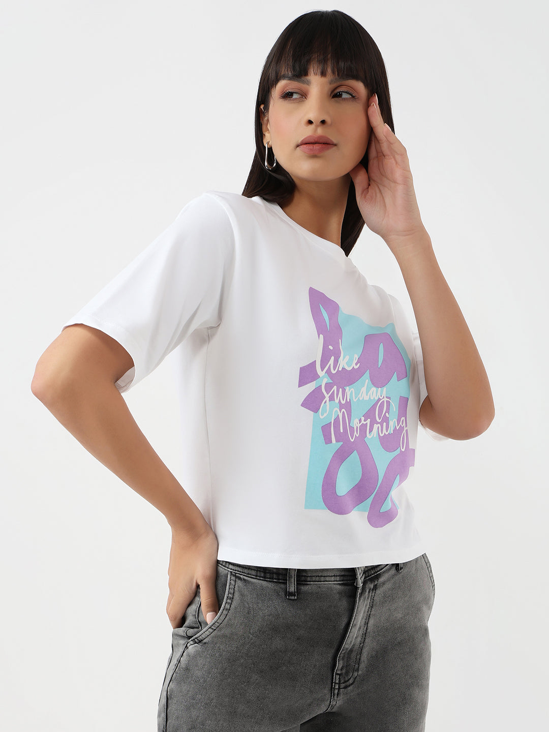 Women White Slim Crop Graphic T-Shirt