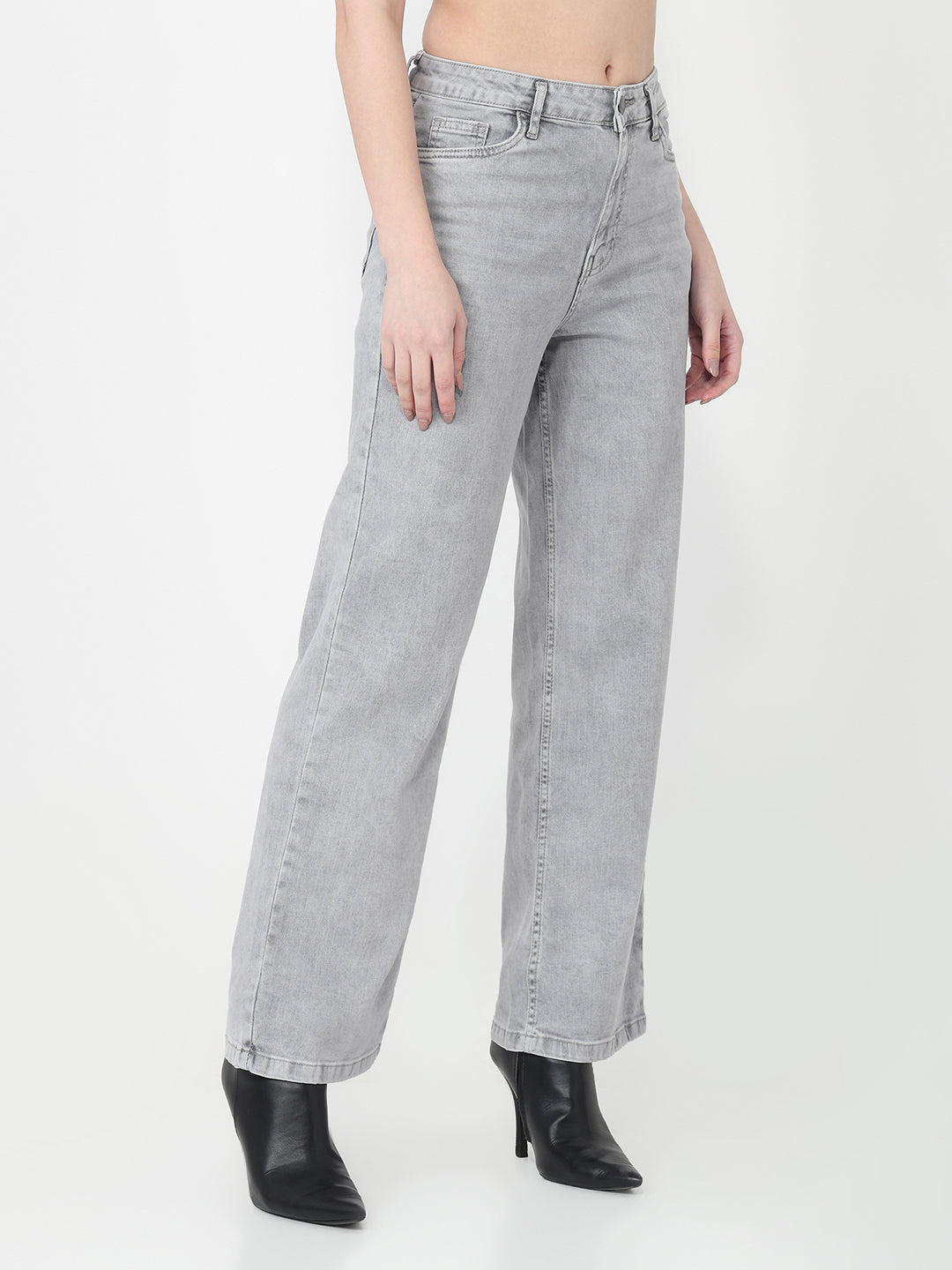 Women Grey High-Rise Wide Leg Jeans