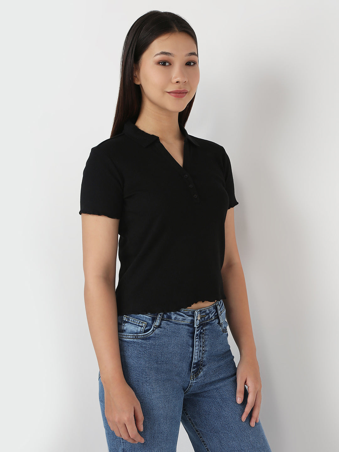 Women Slim Fit Crop T-Shirt Rib