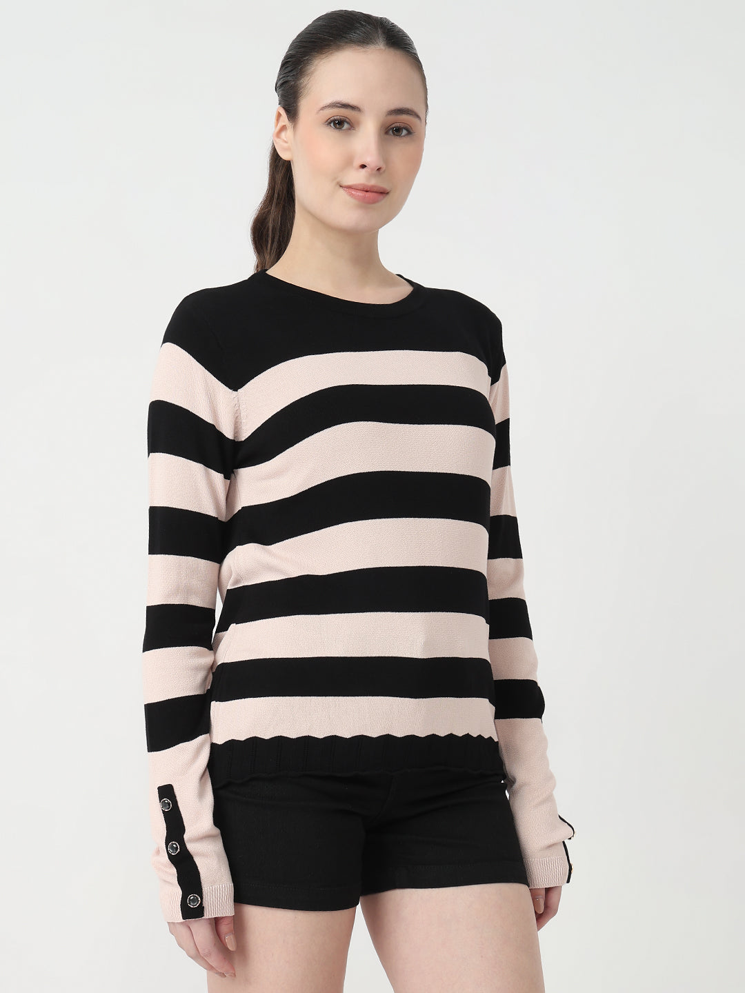 Women Black/Beige Slim Fit Flat Knit