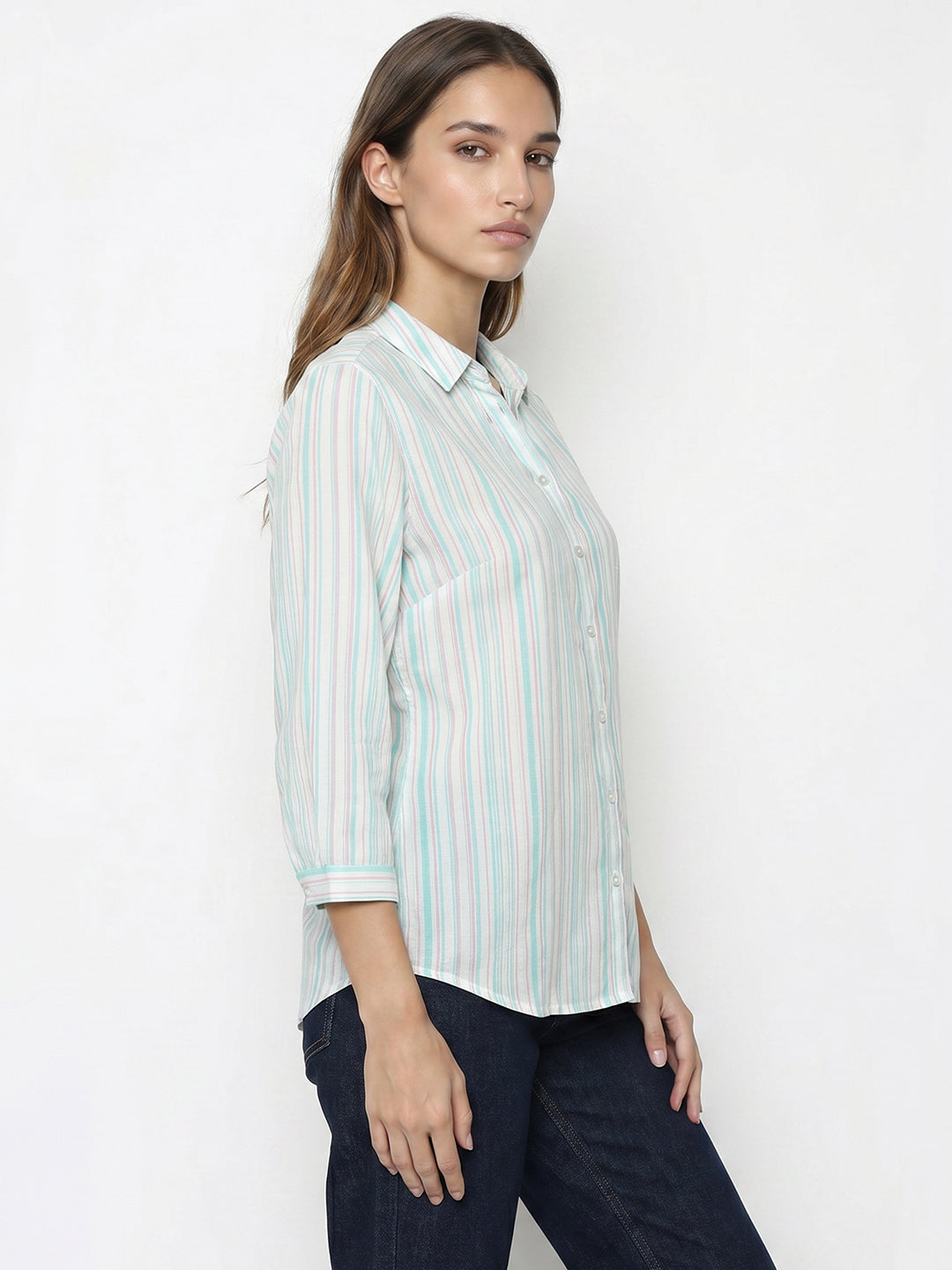 Women Aqua/Lavender Striped Shirt