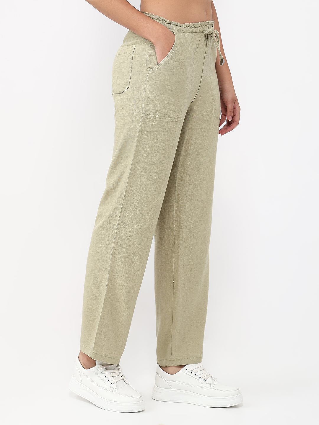 Women Light Olive High-Rise Paper Bag Pants