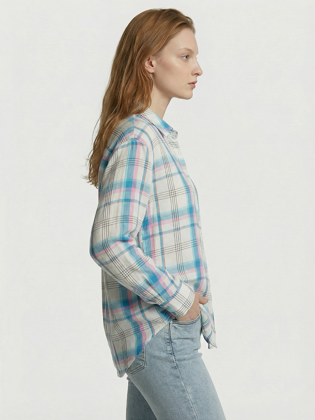 Women Sky/White Checked Oversized Shirt
