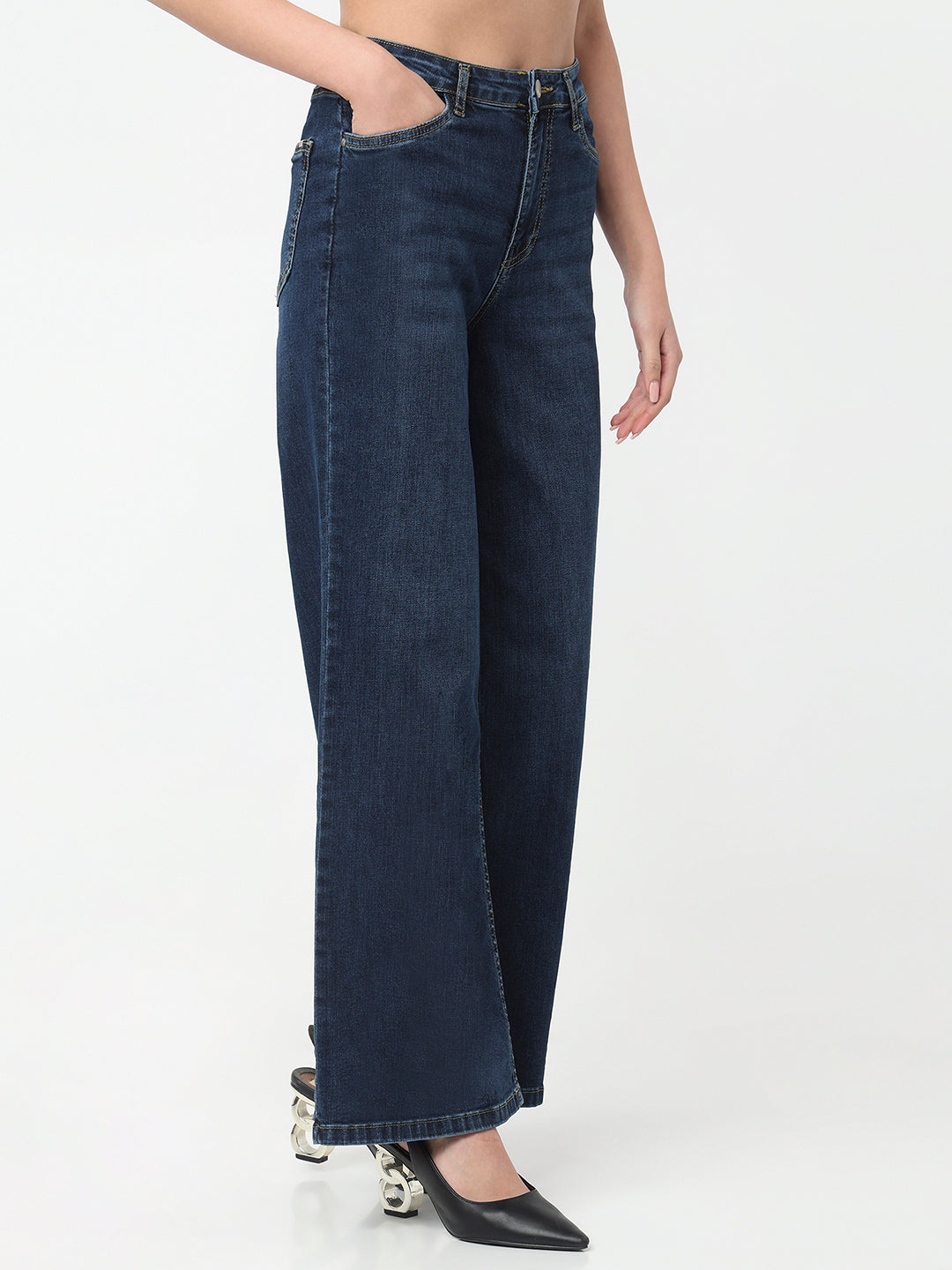 Women Dark Blue High-Rise Super Wide Leg Jeans