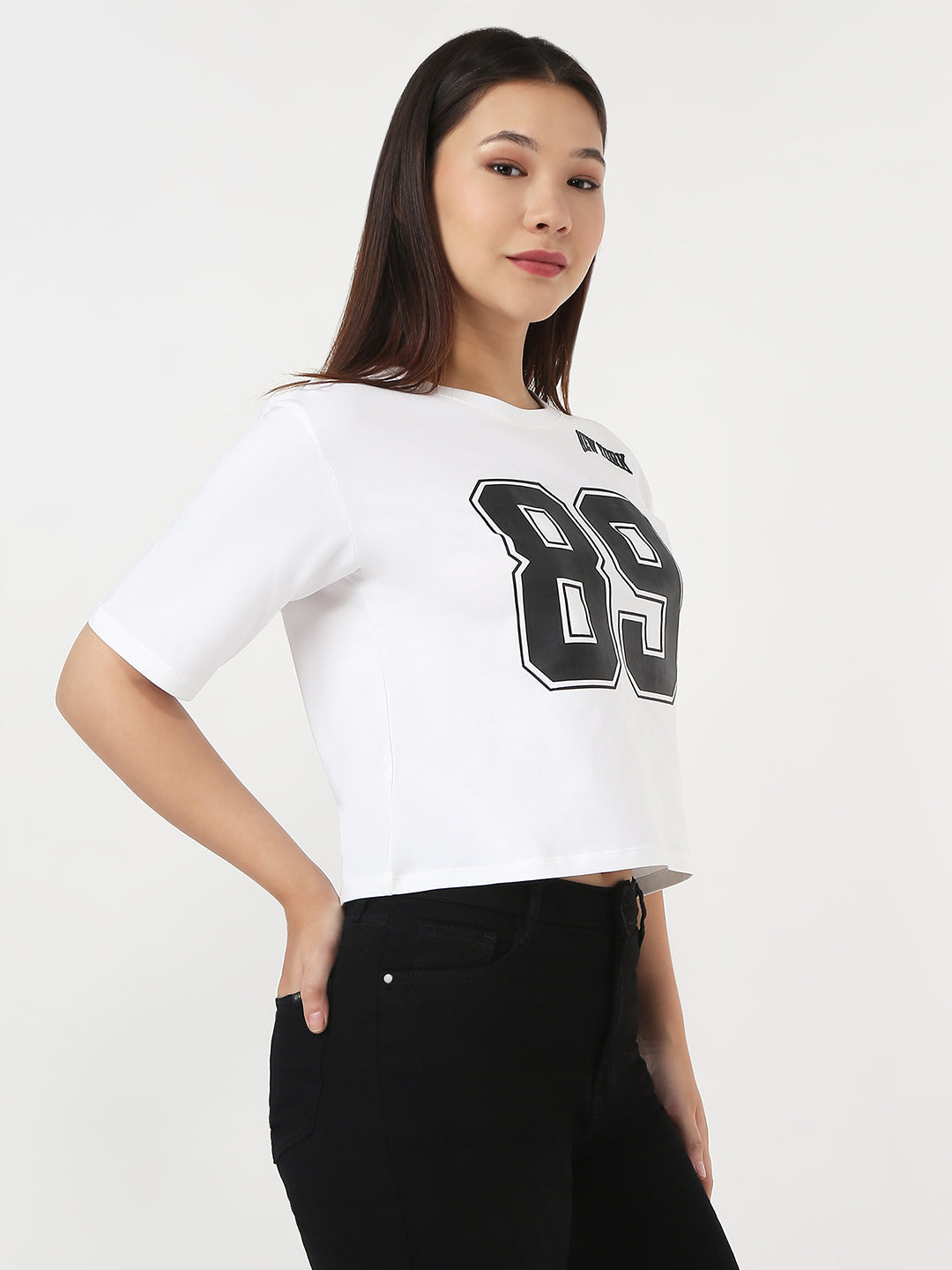 Women White Slim Crop Graphic T-Shirt