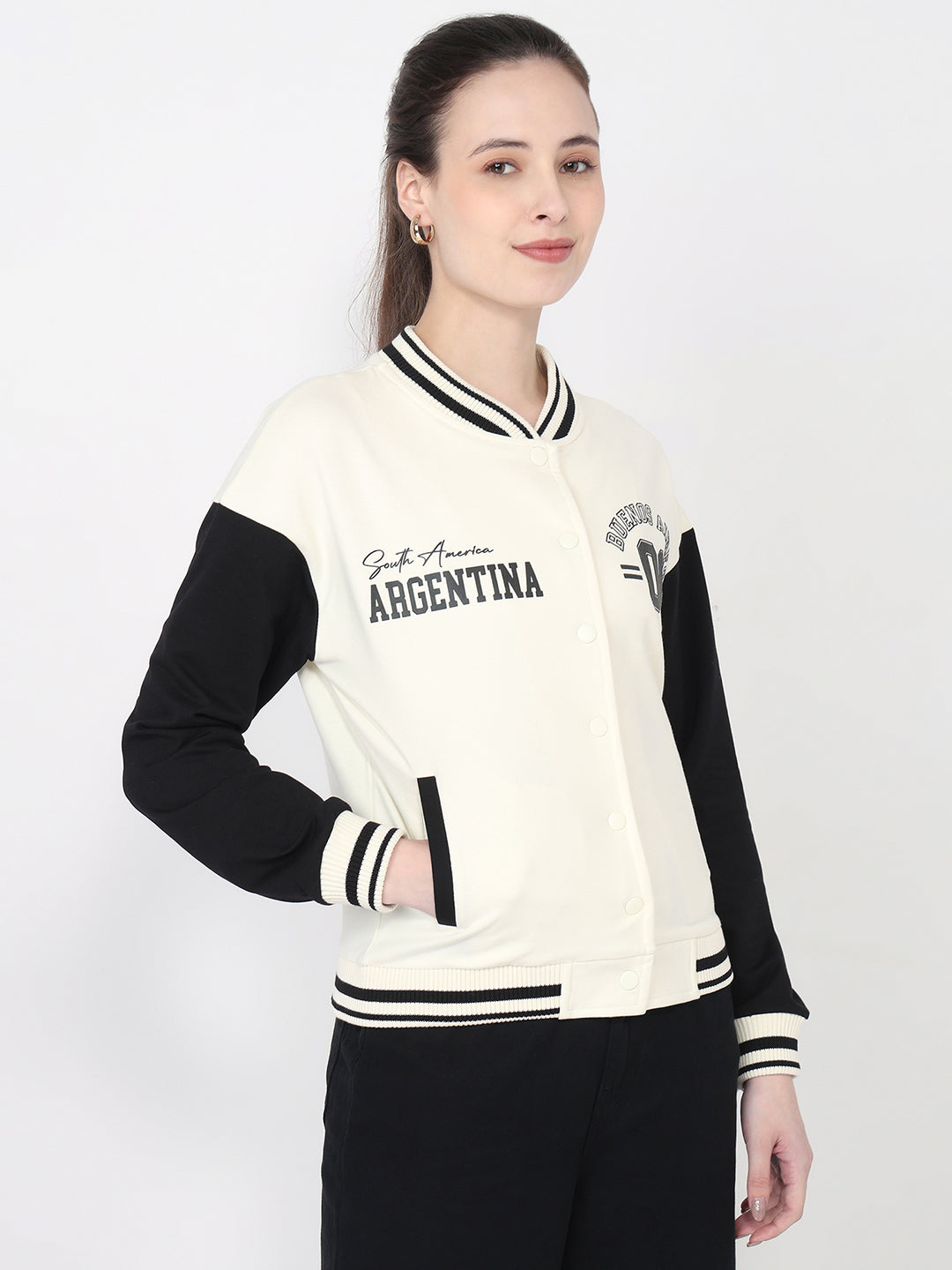 Women Ivory/Black Slim Fit Varsity Jacket