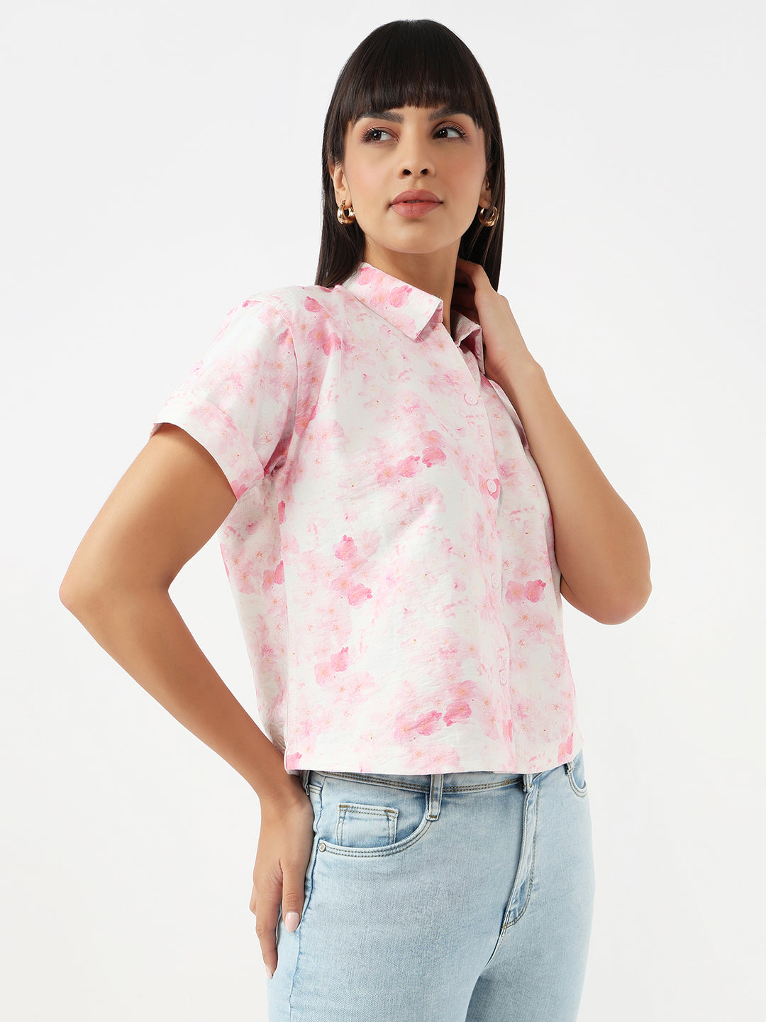 Women Pink Floral Slim Crop Shirt
