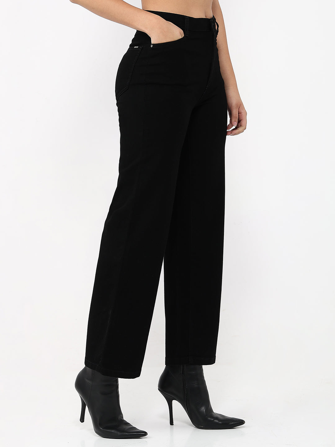 Women Black High-Rise Crop Wide Leg Jeans