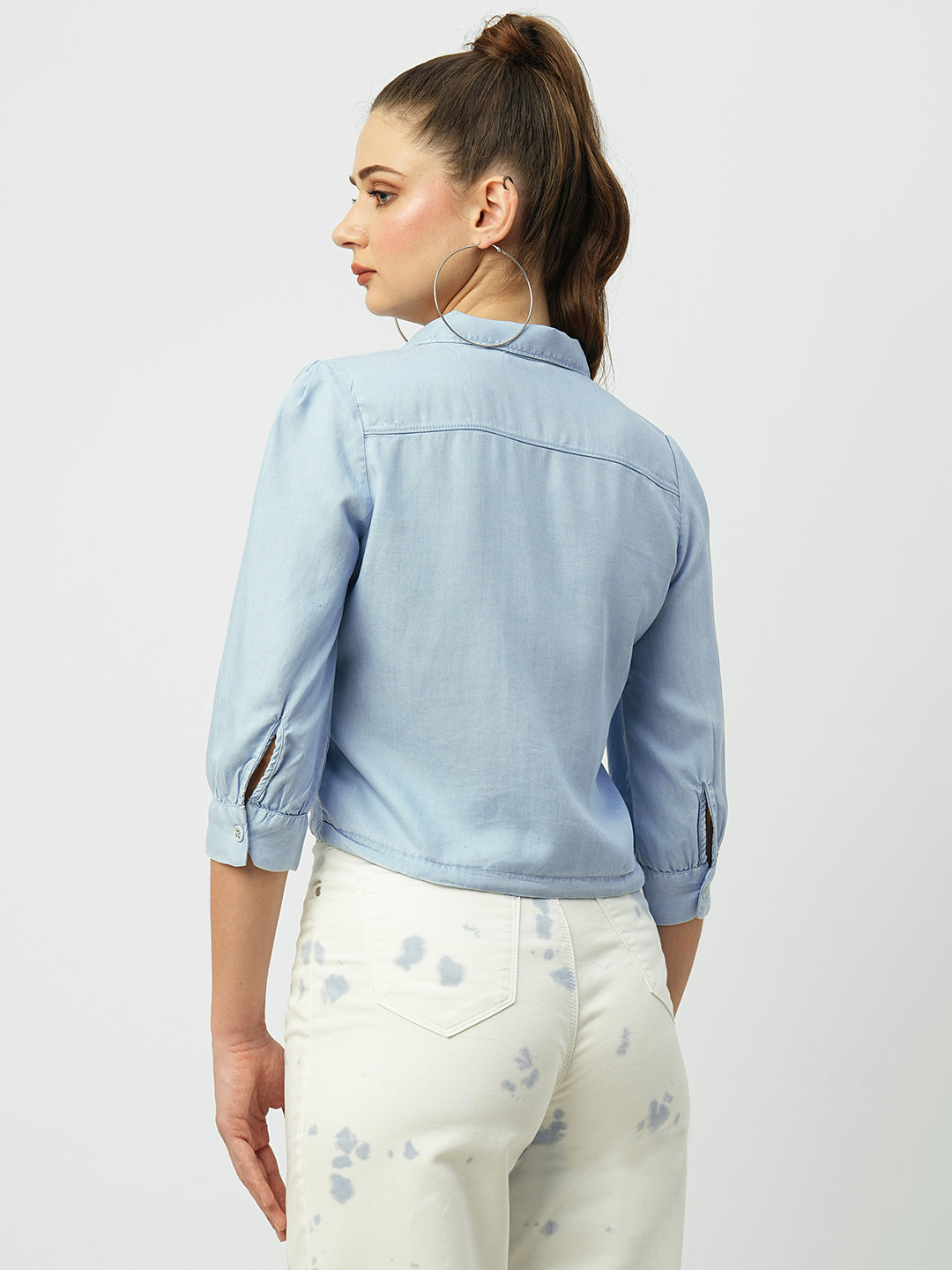 Women Light Blue Crop Shirt