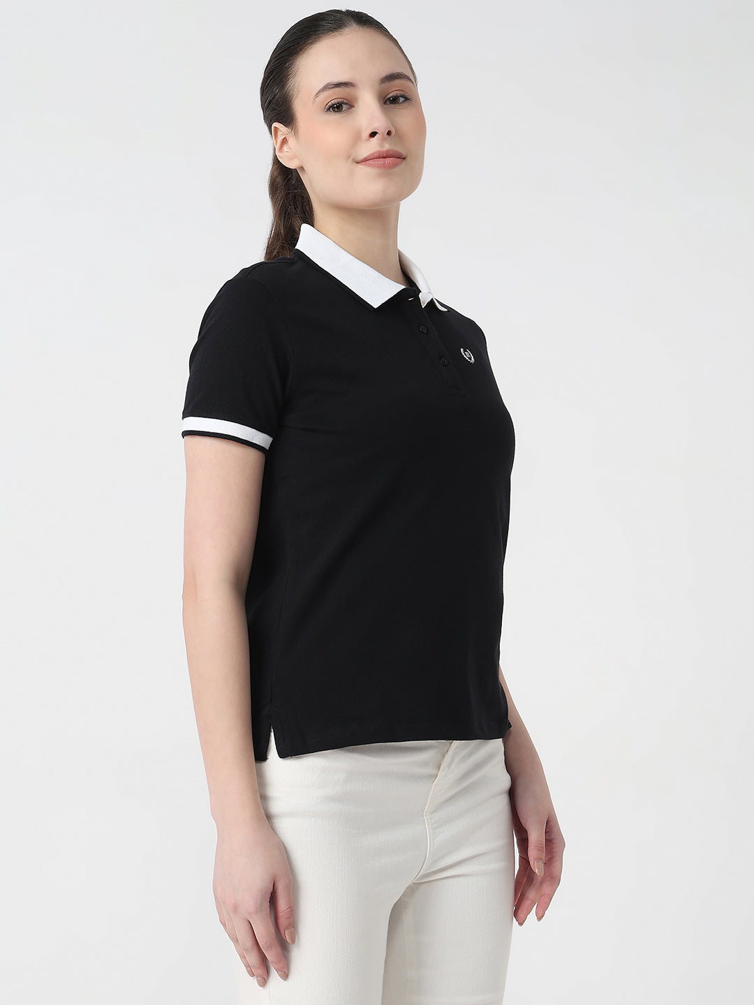 Women Black Slim Fit Polo T-Shirt