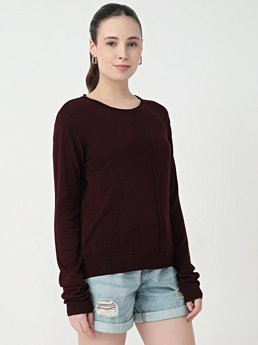 Women Wine Slim Fit Flat Knit