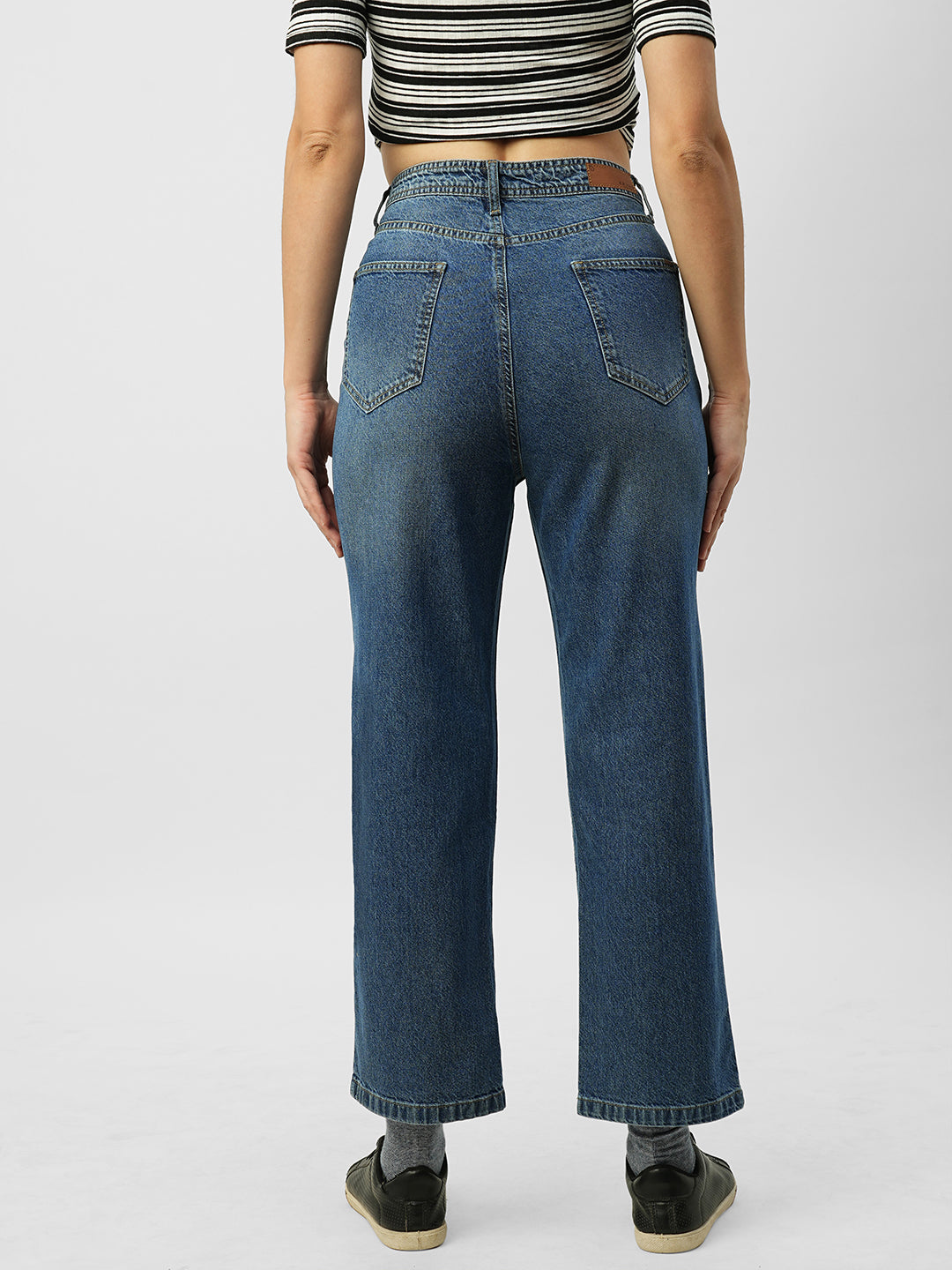 Women Dark Blue High-Rise Loose Straight Jeans