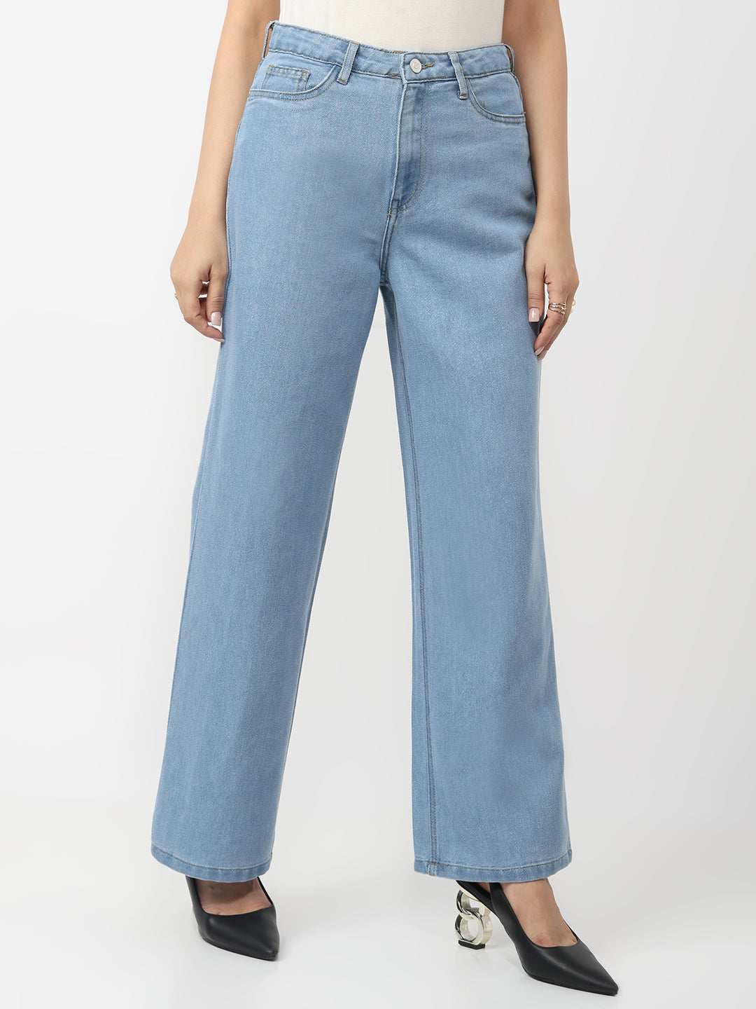 Women Light Blue High-Rise Wide Leg Shimmer Jeans