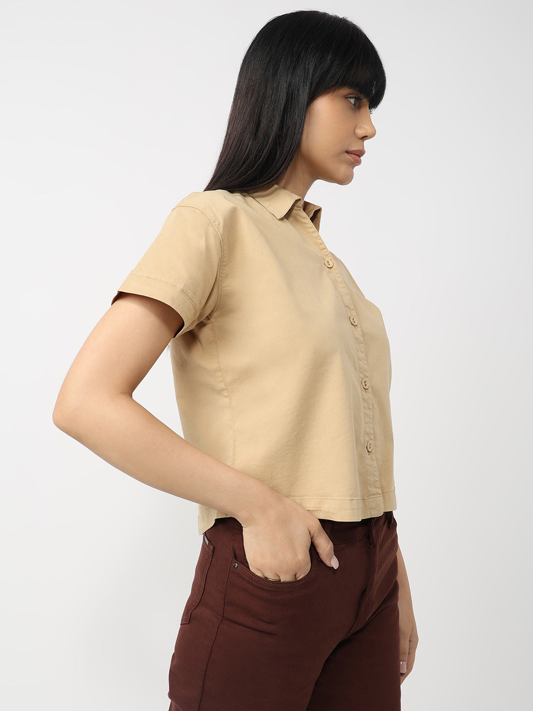 Women Camel Slim Fit Crop Shirt