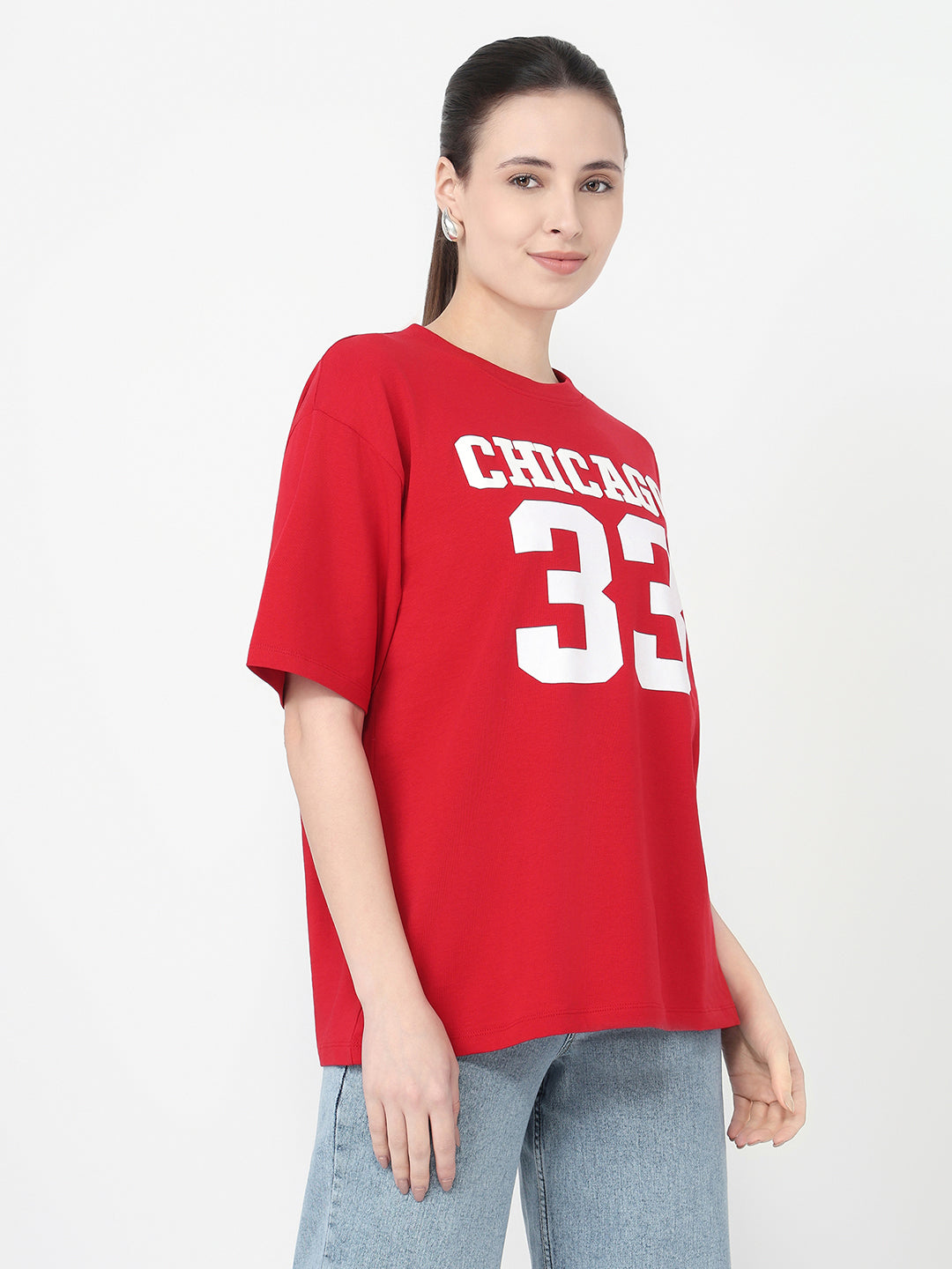 Women Red Slim Fit Oversized T-Shirt