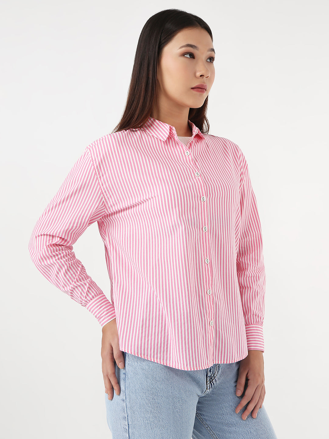 Women Pink/White Slim Oversized Shirt