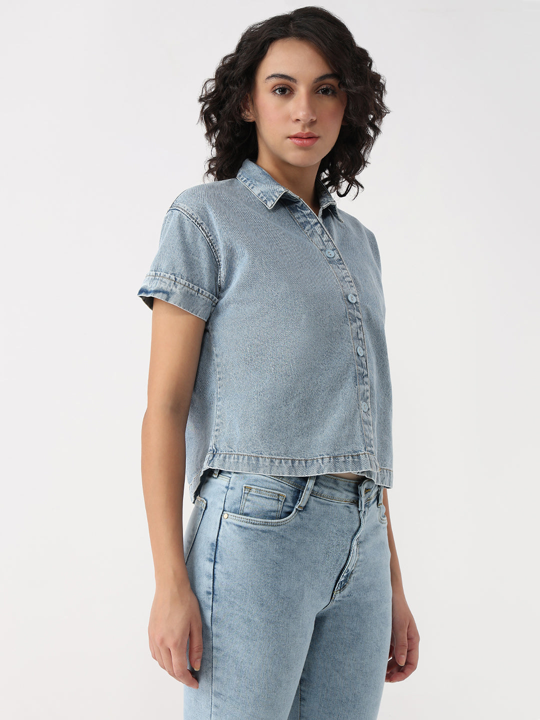 Women Blue Crop Denim Shirt