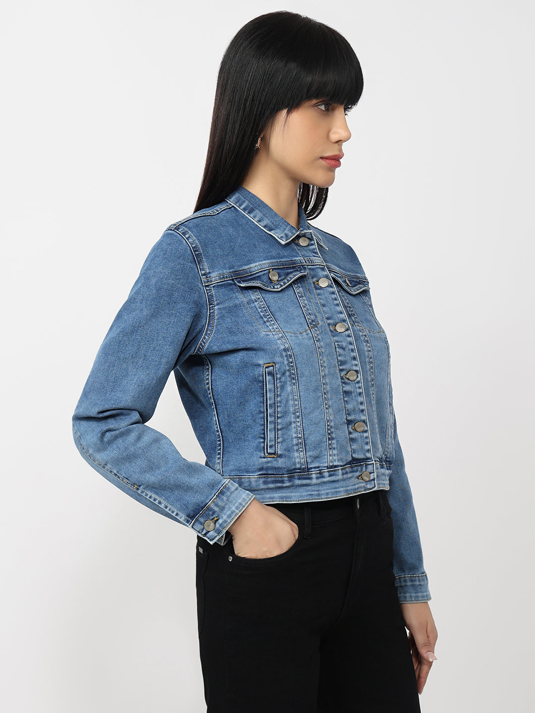 Women Blue Denim Slim Fit Jacket
